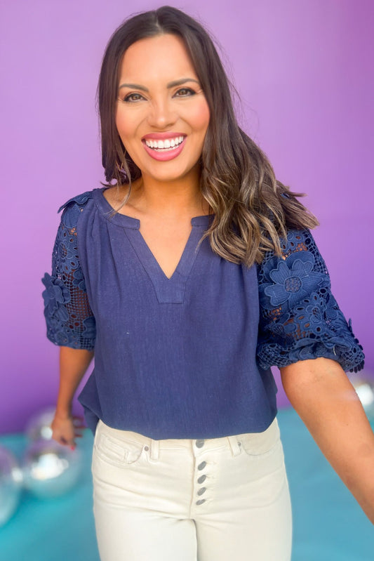 Navy Split Neck Short Floral Lace Contrast Puff Sleeve Top, lace sleeve top, elevated top, must have top, must have style, summer style, spring fashion, elevated style, elevated top, mom style, shop style your senses by mallory fitzsimmons, ssys by mallory fitzsimmons