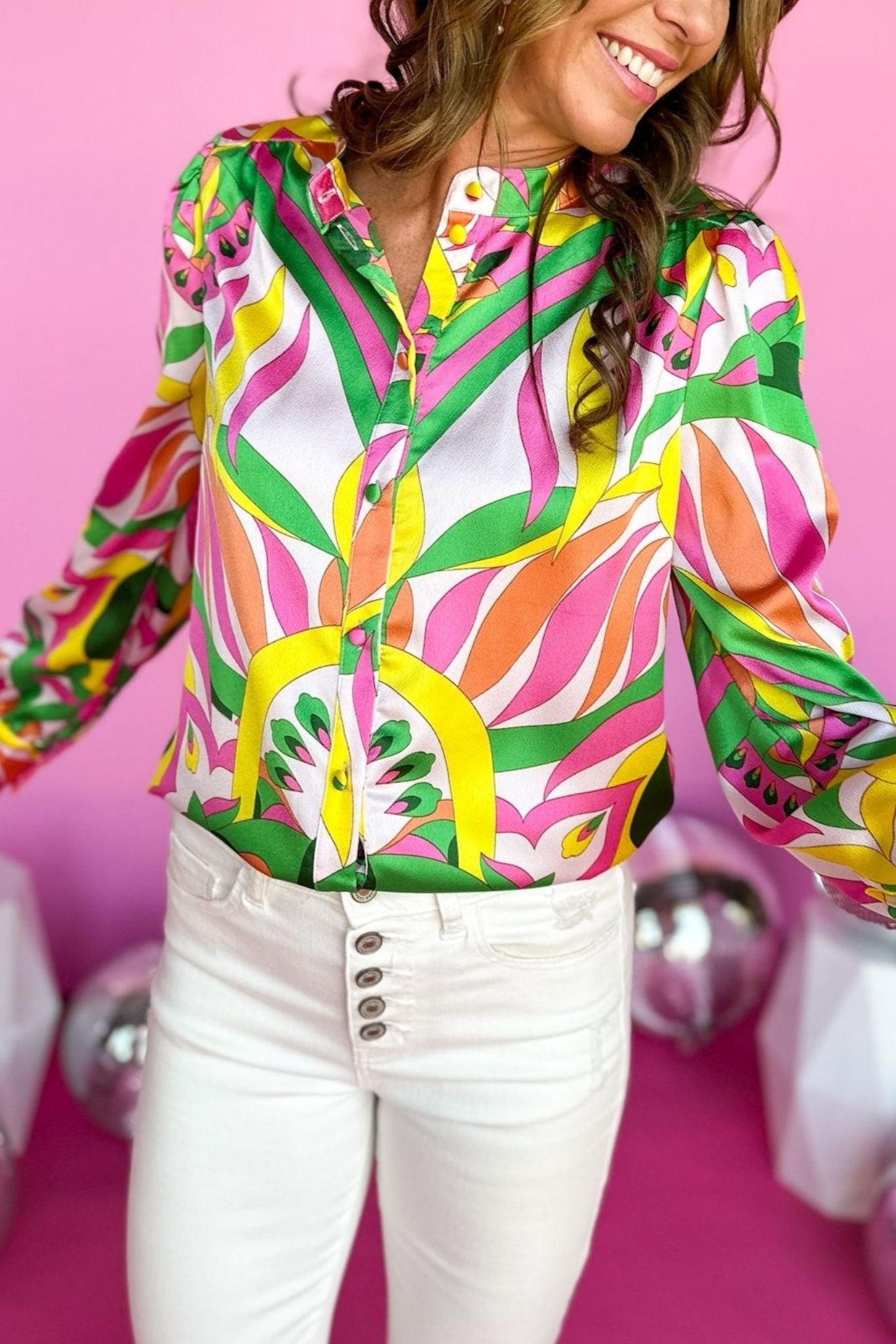 Yellow Pink Abstract Printed Collared Button Front Top, abstract top, long sleeve top, button down top, elevated style, shop style your senses by mallory fitzsimmons