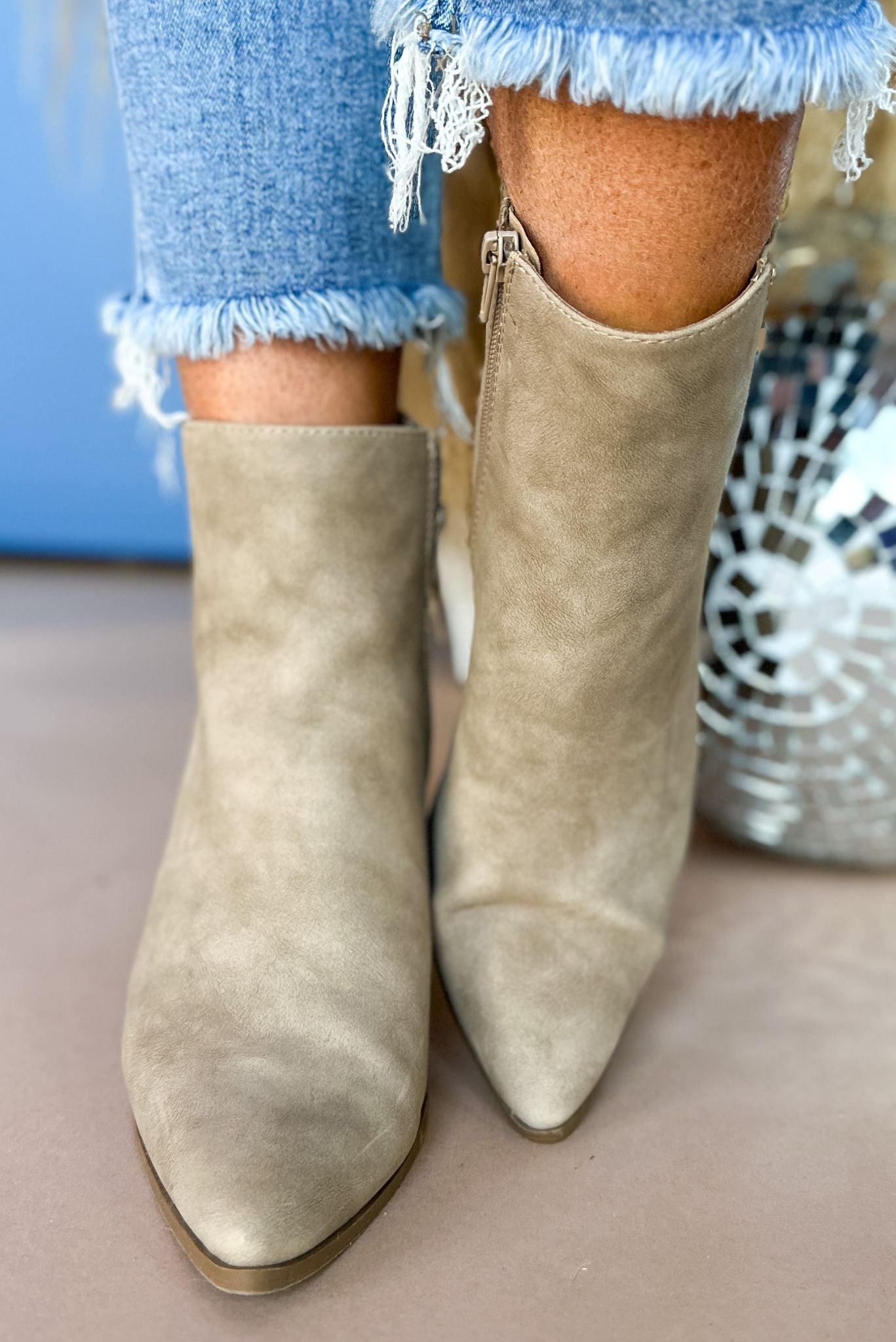 Taupe Pull On Pointed Toe Block Heel Bootie *FINAL SALE*
