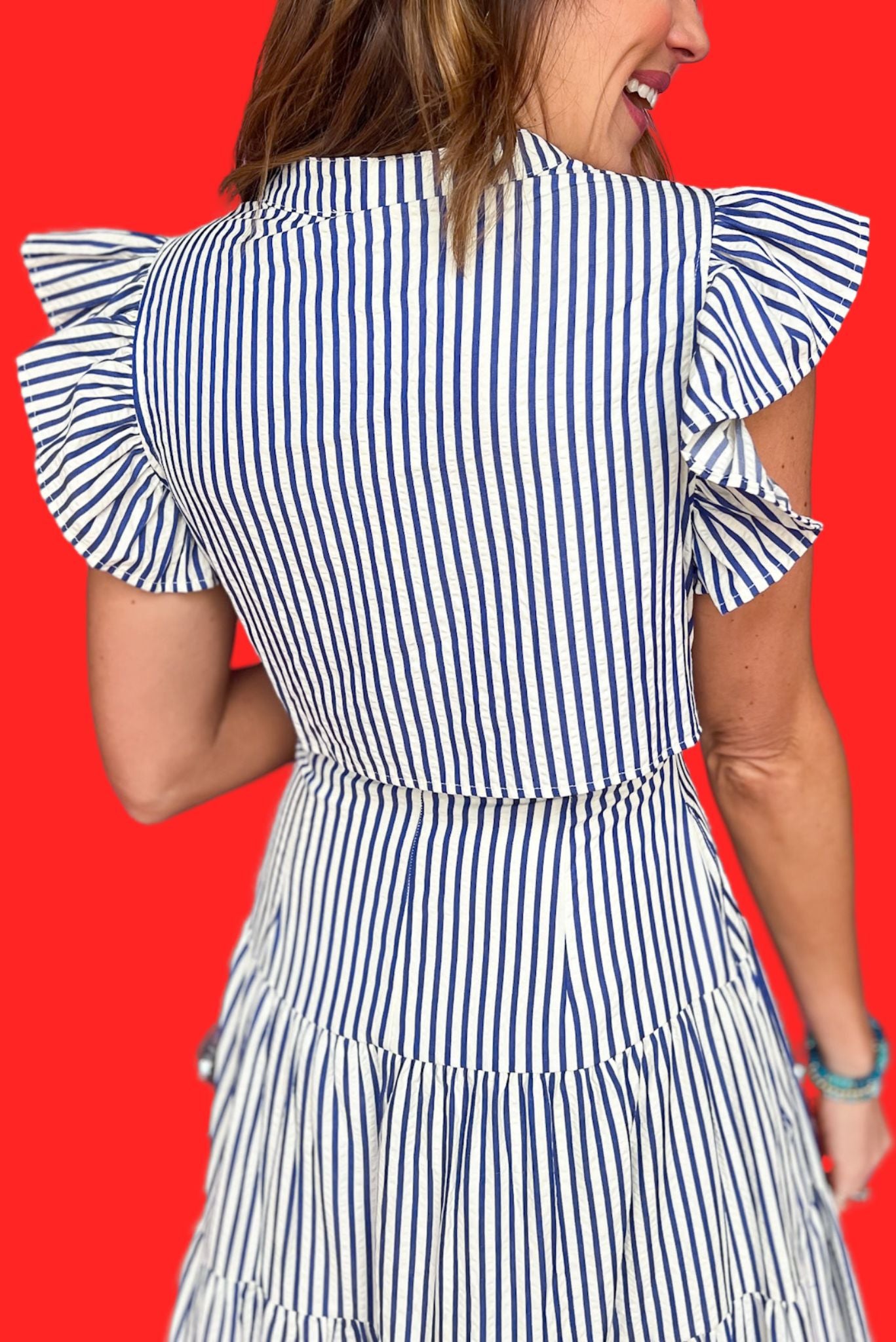 Blue Striped V Neck ruffle Sleeve Tiered Midi Dress SSYS Blue Striped V Neck ruffle Sleeve Tiered Midi Dress SSYS