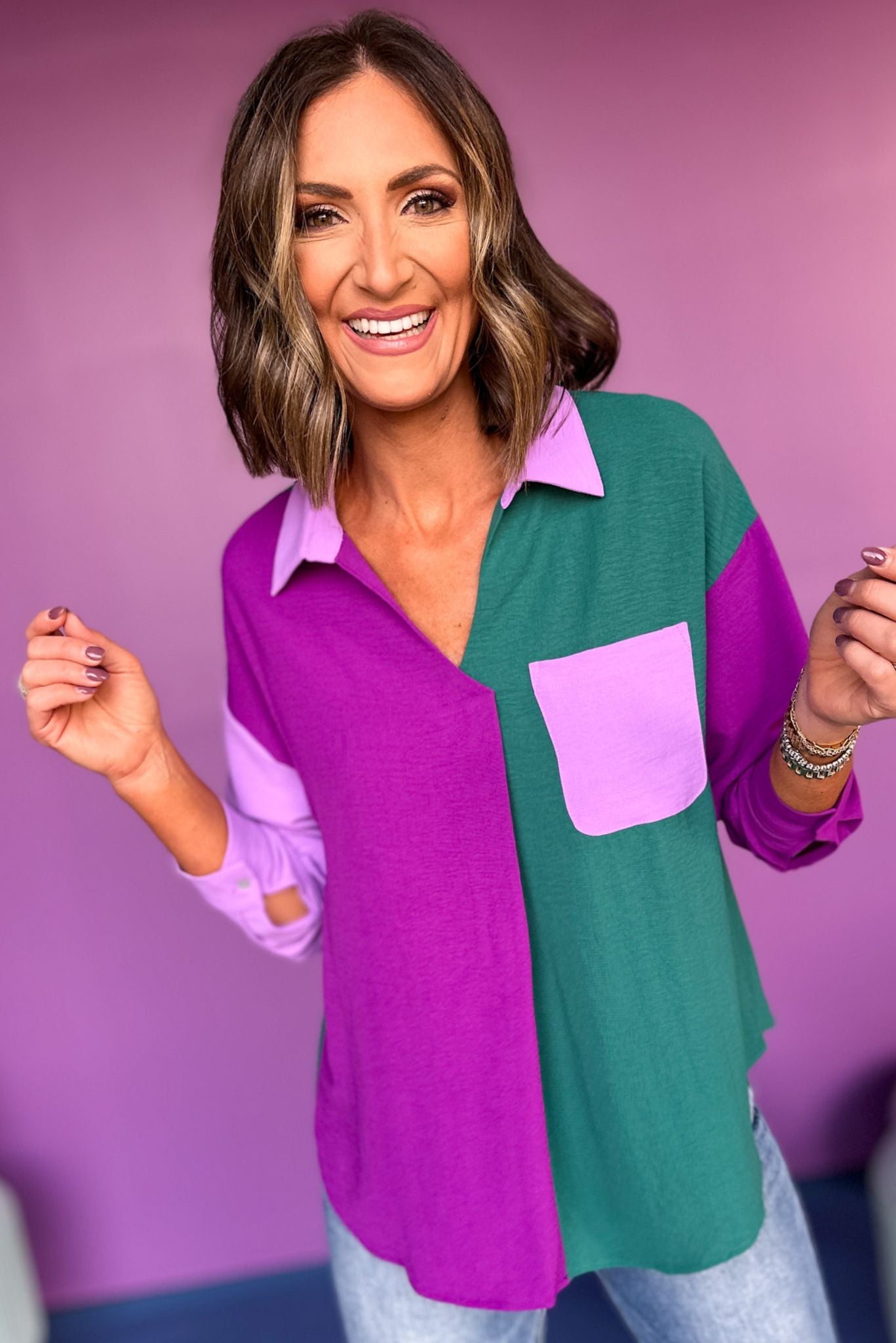 Purple Colorblock Pocket Detail Collared Long Sleeve Top, must have top, must have style, must have fall, fall collection, fall fashion, elevated style, elevated top, mom style, fall style, shop style your senses by mallory fitzsimmons