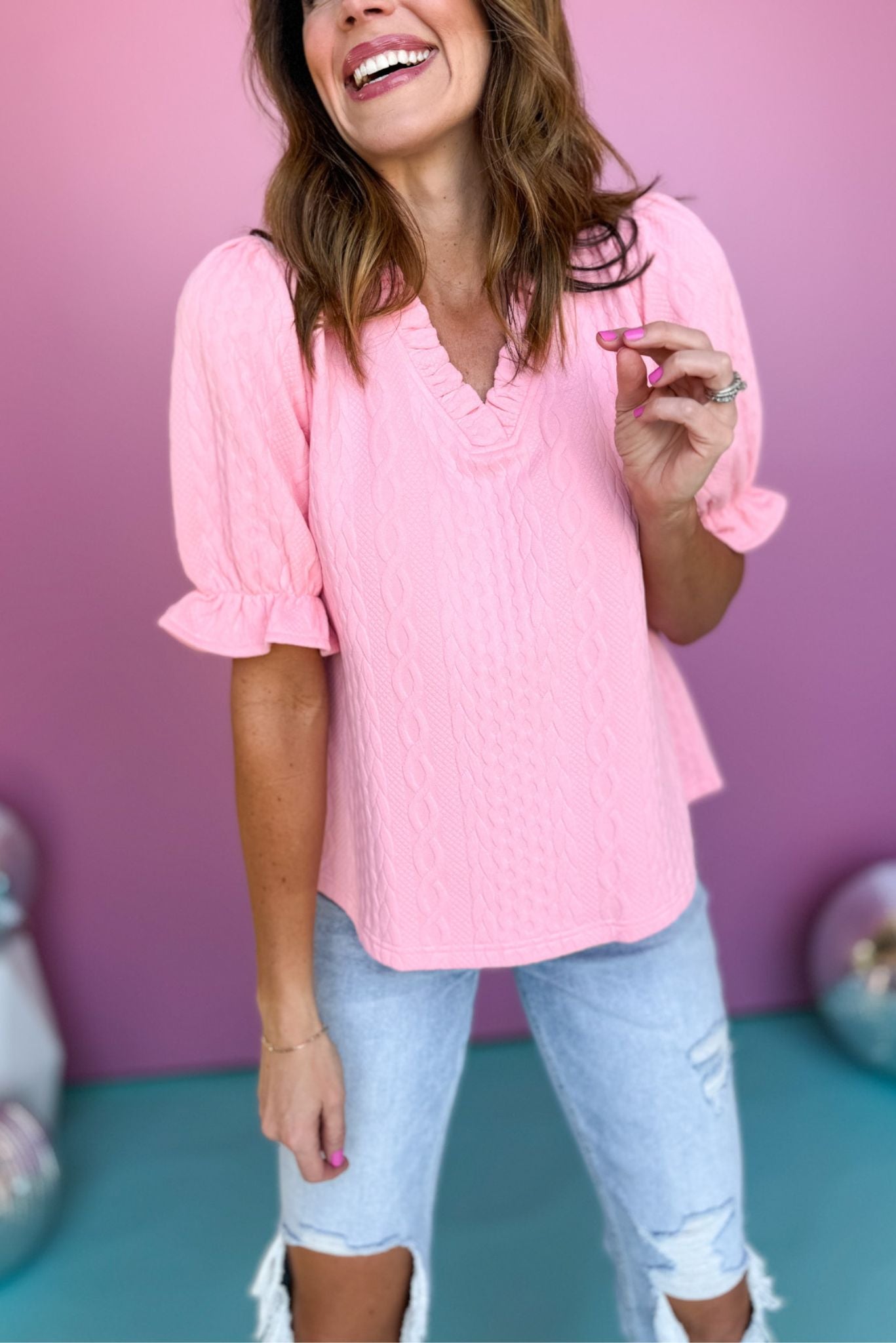 Pink V Ruffle Neck Textured Knit Top, must have top, must have style, brunch style, summer style, spring fashion, elevated style, elevated top, mom style, shop style your senses by mallory fitzsimmons, ssys by mallory fitzsimmons