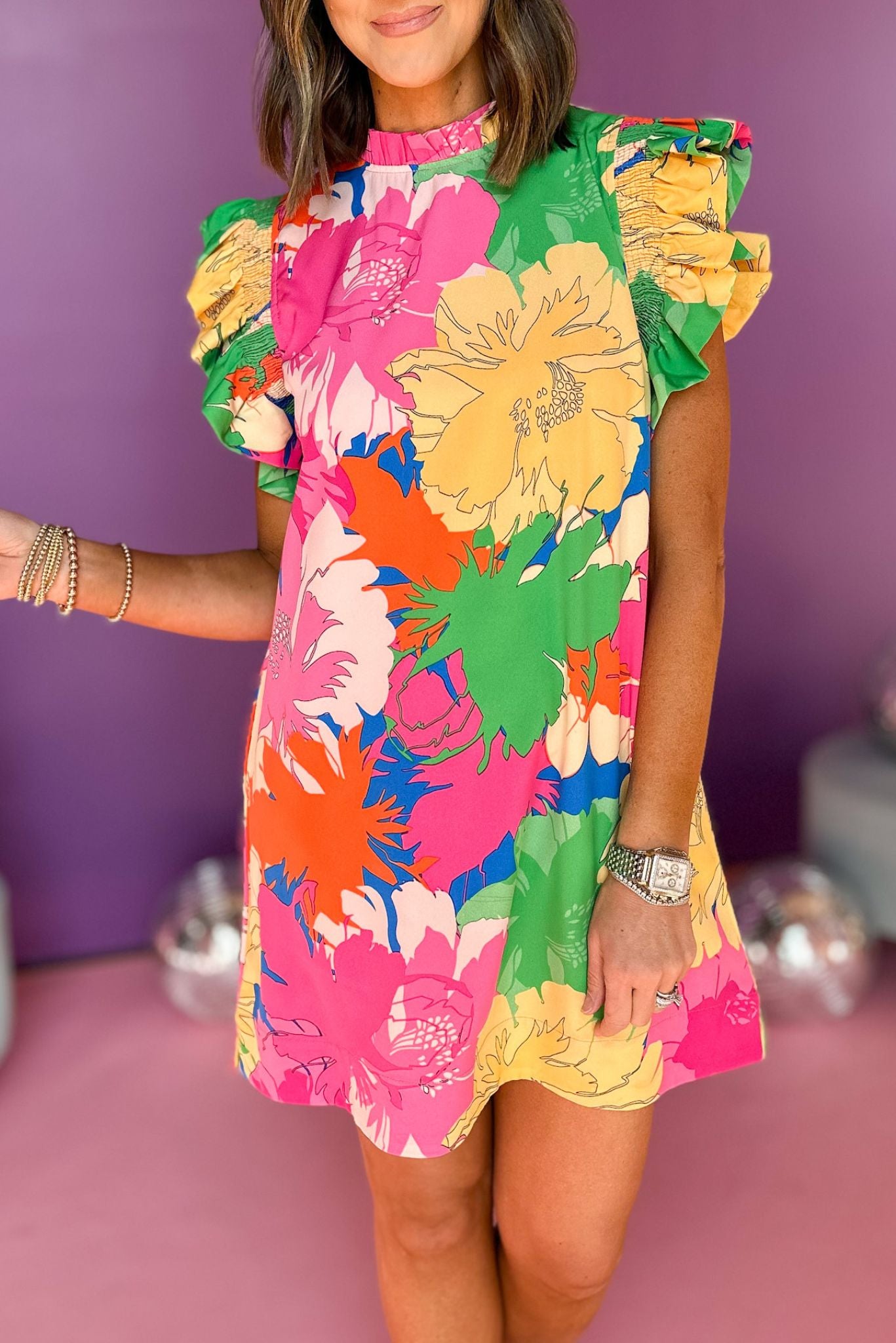 Pink Multi Floral Frill Neck Smocked Ruffle Sleeve Dress, printed dress, elevated dress, floral dress, coming soon, spring dress, spring fashion, shop style your senses by mallory fitzsimmons, ssys by mallory fitzsimmons
