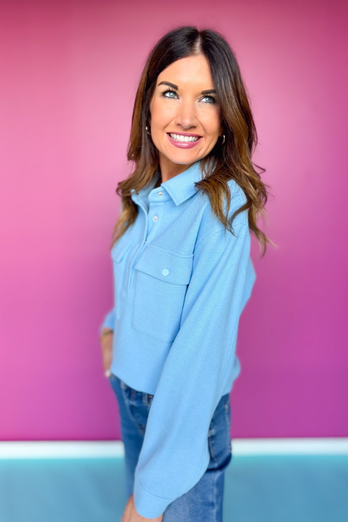 SSYS Fawn Waffle Knit Cropped Shacket Top In Light Blue *FINAL SALE*