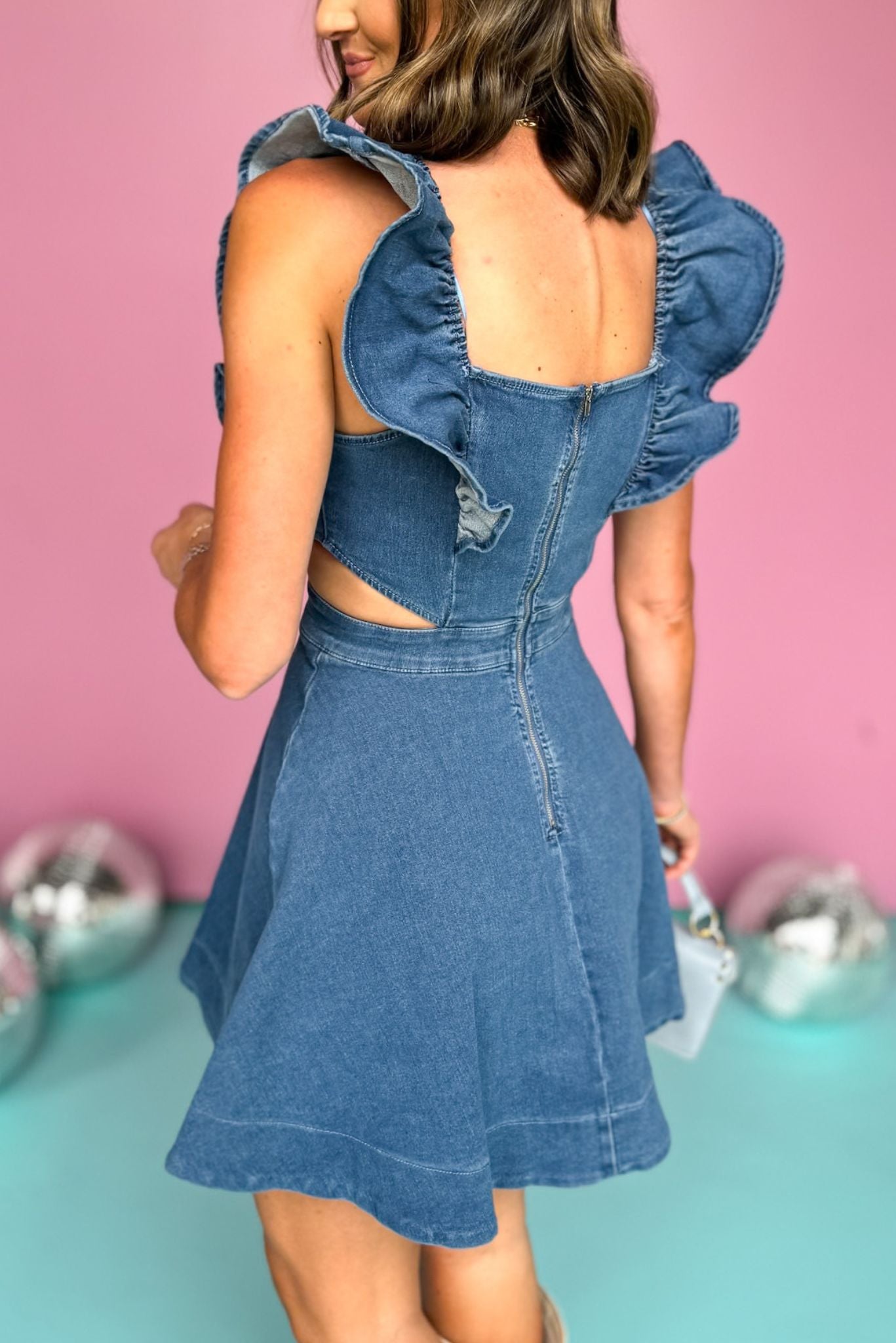 Denim Square Neck Ruffled Sleeve Side Cut Out Dress *FINAL SALE*