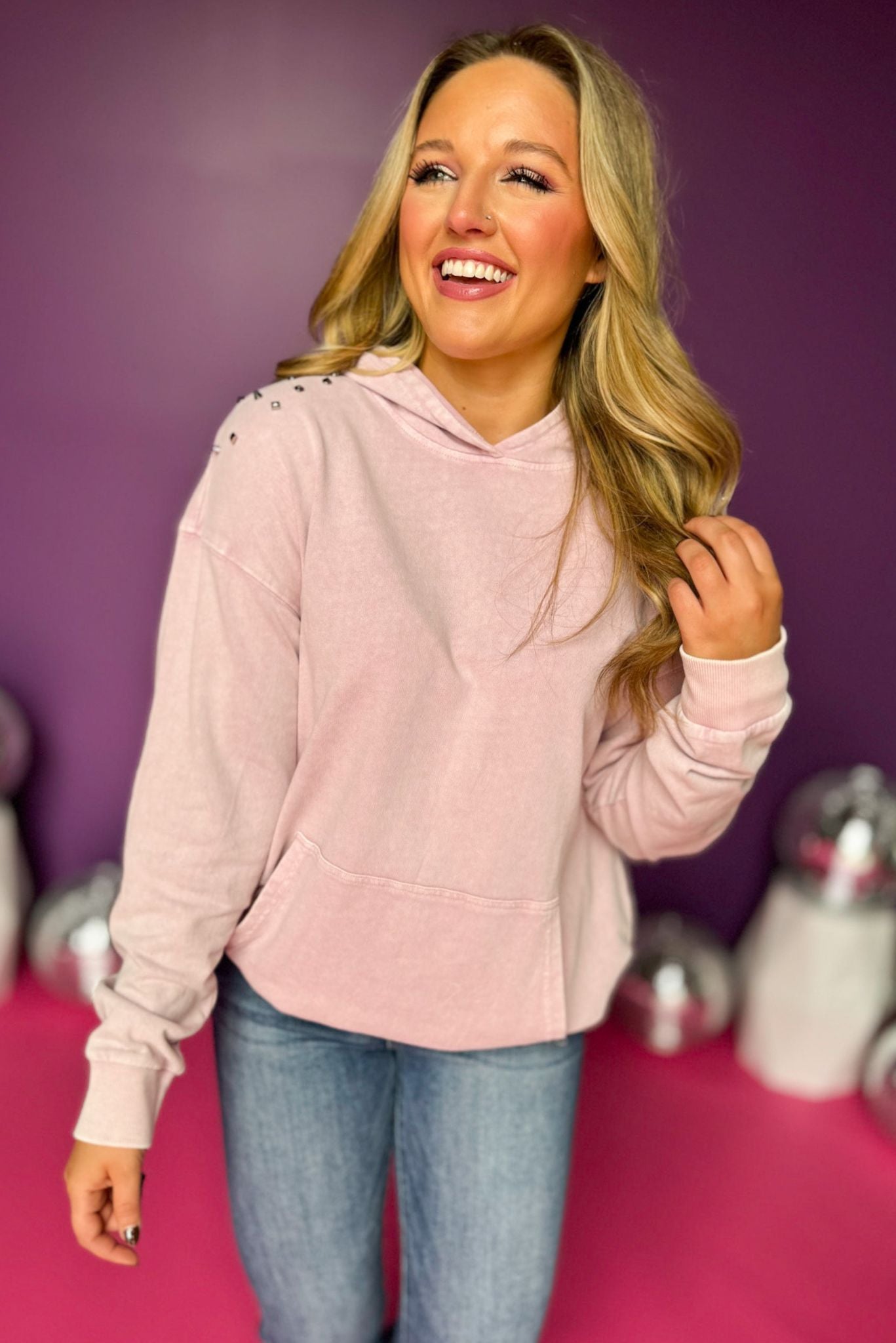 Light Pink Mineral Washed Terry Studded Pullover, must have pullover, must have style, comfy style, holiday style, holiday fashion, affordable fashion, elevated pullover, elevated style, mom style, must have basic, elevated basic, shop style your senses by mallory fitzsimmons