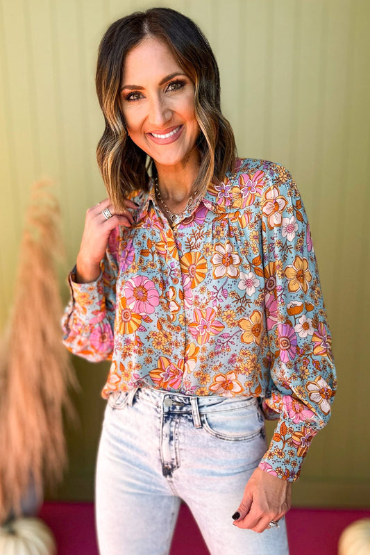 Karlie Turquoise Vintage Floral Printed Ruffle Collar Button Front Top, must have top, must have style, must have fall, fall collection, fall fashion, elevated style, elevated top, mom style, fall style, shop style your senses by mallory fitzsimmons