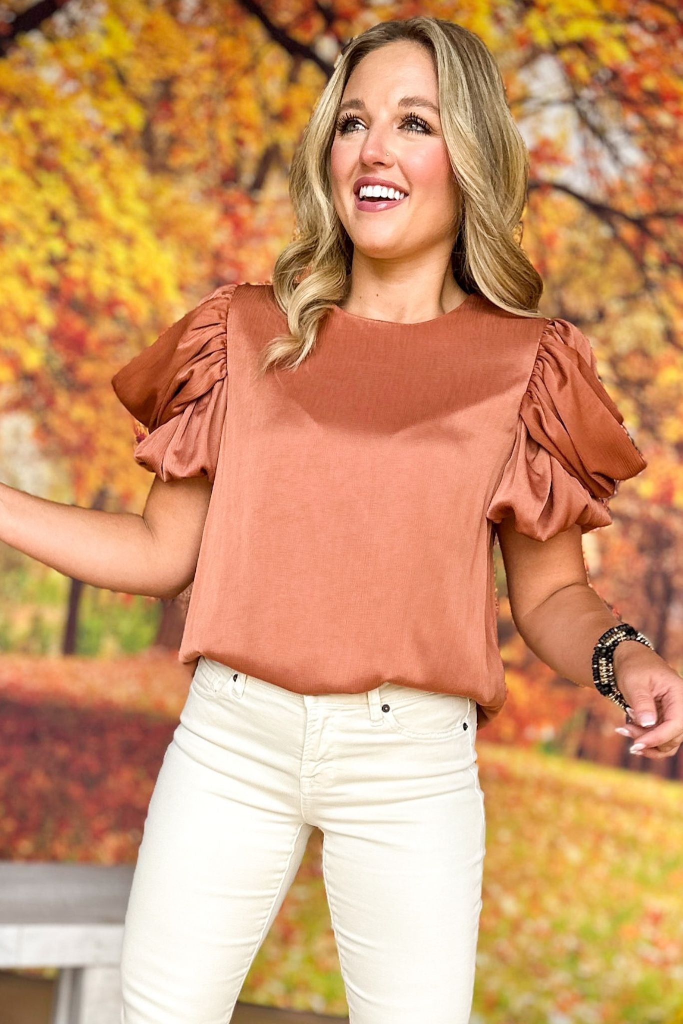 Bronze Ruffled Short Sleeve Top, must have top, must have style, must have fall, fall collection, fall fashion, elevated style, elevated top, mom style, fall style, shop style your senses by mallory fitzsimmons