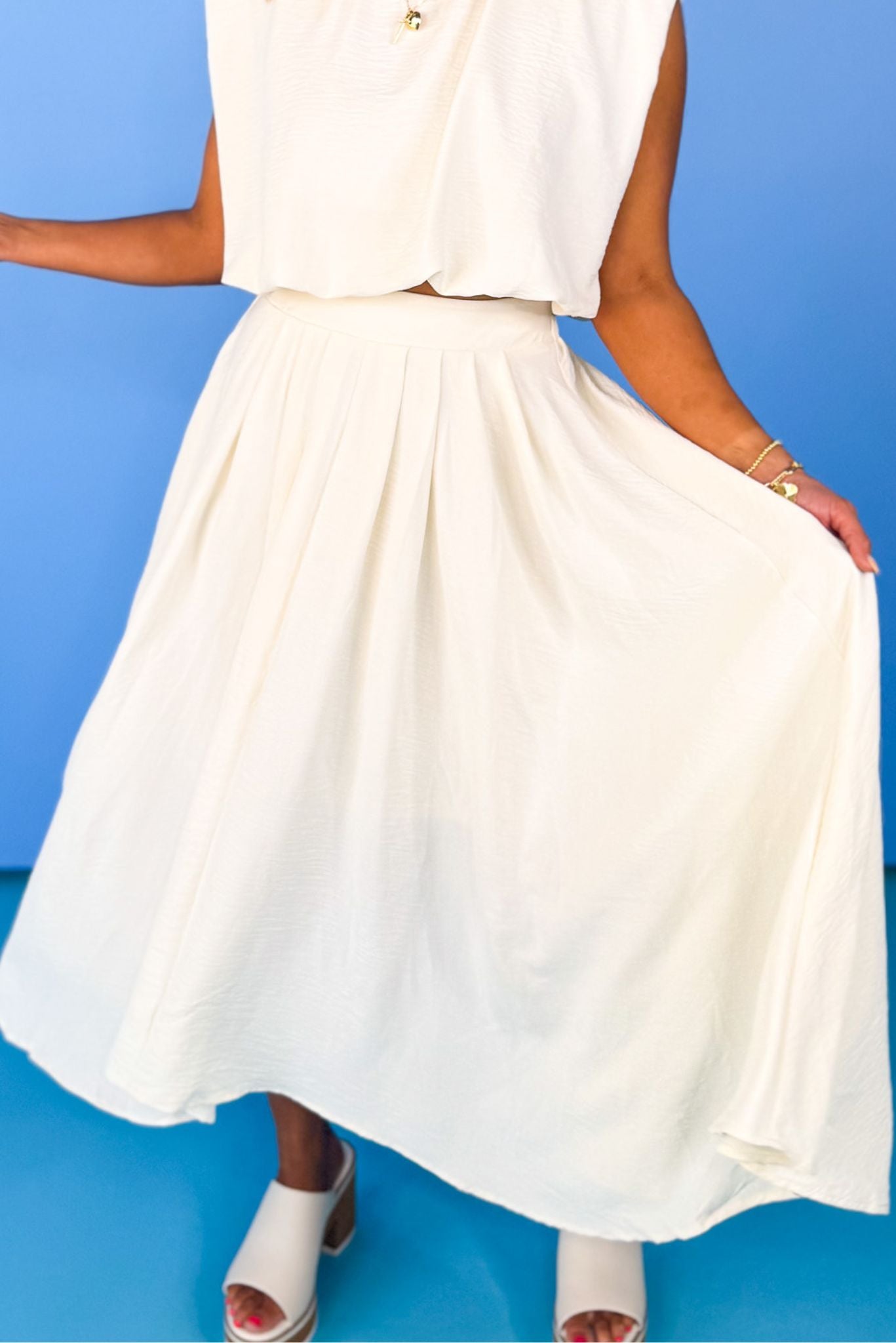 Cream Box Pleated Midi Skirt