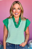 Green Striped V Ruffle Neck Contrast Detail Short Puff Sleeve Top