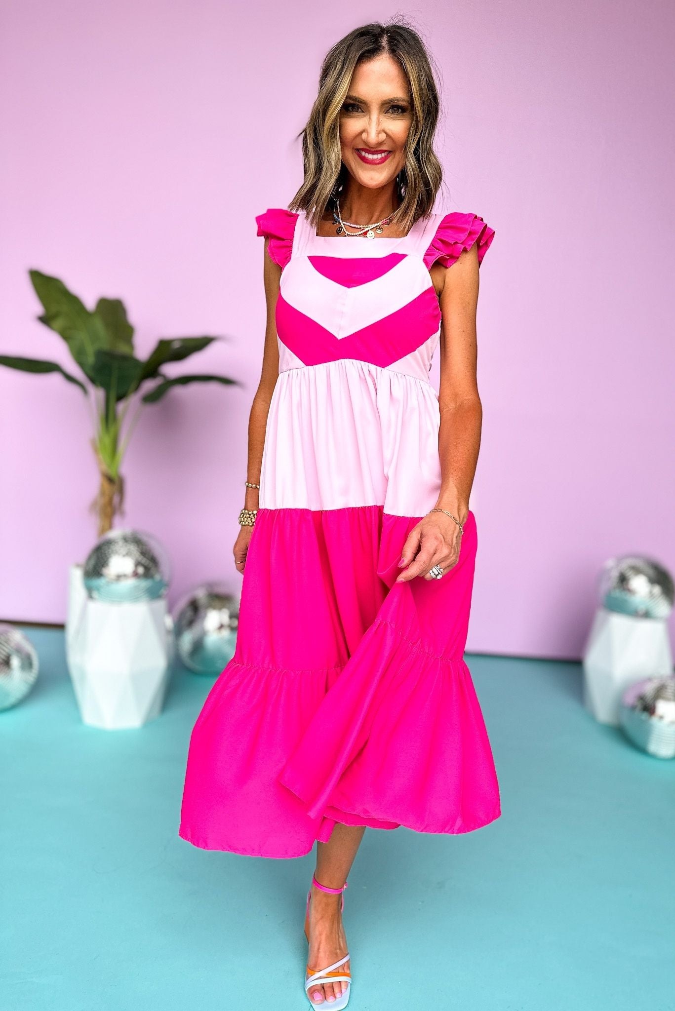  Pink Colorblock Square Neck Ruffle Sleeve Tiered Midi Dress, Midi Dress, Tiered Dress, Neon Nights, Summer Dress, Summer Style, Mom Style, Shop Style Your Senses by Mallory Fitzsimmons