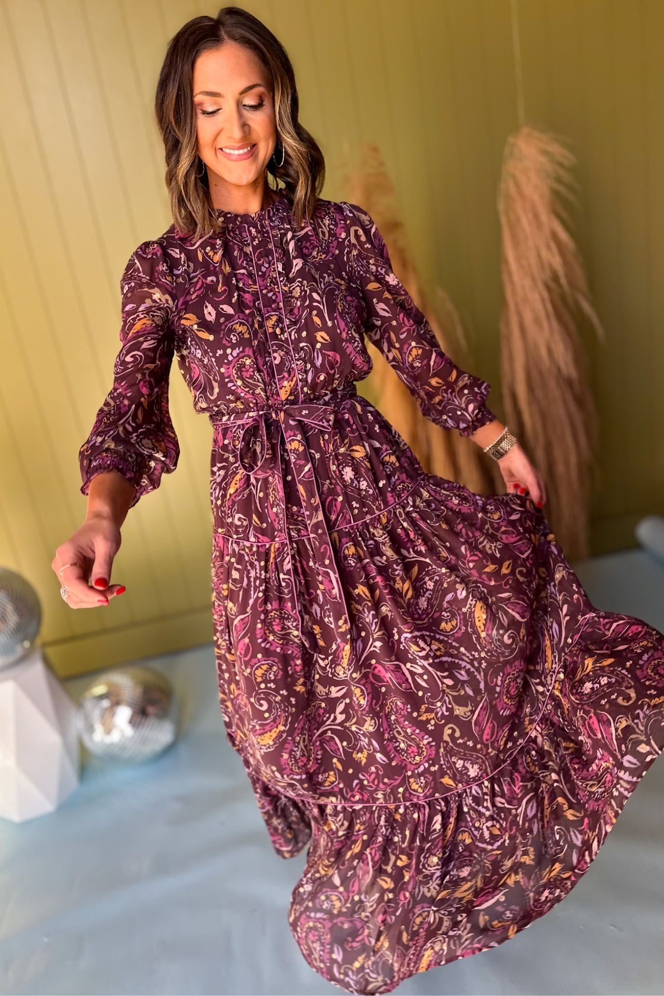 Purple Paisley Printed Tie Waist Piping Detail Maxi Dress, must have dress, must have style, winter style, winter fashion, elevated style, elevated dress, mom style, winter collection, winter dress, shop style your senses by mallory fitzsimmons