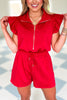 SSYS The Georgia Light Weight Air Ruffle Shoulder Romper In Red, ssys the label, ssys romper, must have romper, elevated romper, throw on and go, summer romper, mom style, Fourth of July collection, ssys by mallory fitzsimmons