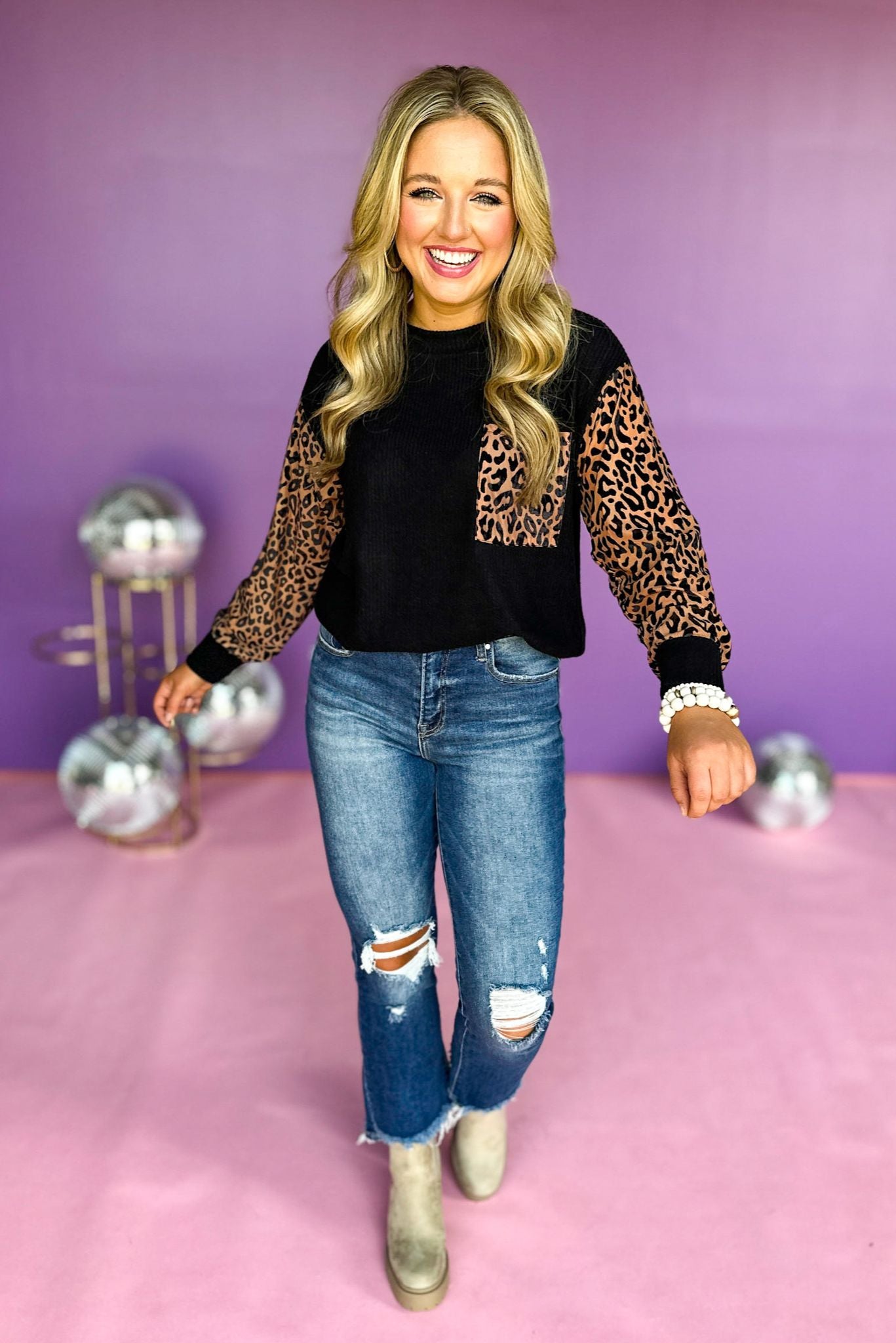 black animal printed long sleeve pocket detail top, fall top, new arrival, easy to wear, mom style, everyday wear, shop style your senses by mallory fitzsimmons