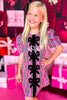 SSYS Kids Everly Velvet Bow Trim Puff Sleeve Shift Dress In Pink Tartan