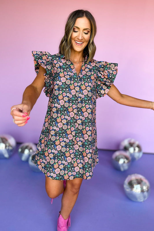 SSYS Floral Print Ruffle Shoulder Poplin Dress, SSYS the Label, elevated style, elevated dress, printed dress, ruffle shoulder dress, must have dress, statement dress, mom style, shop style your senses by mallory fitzsimmons