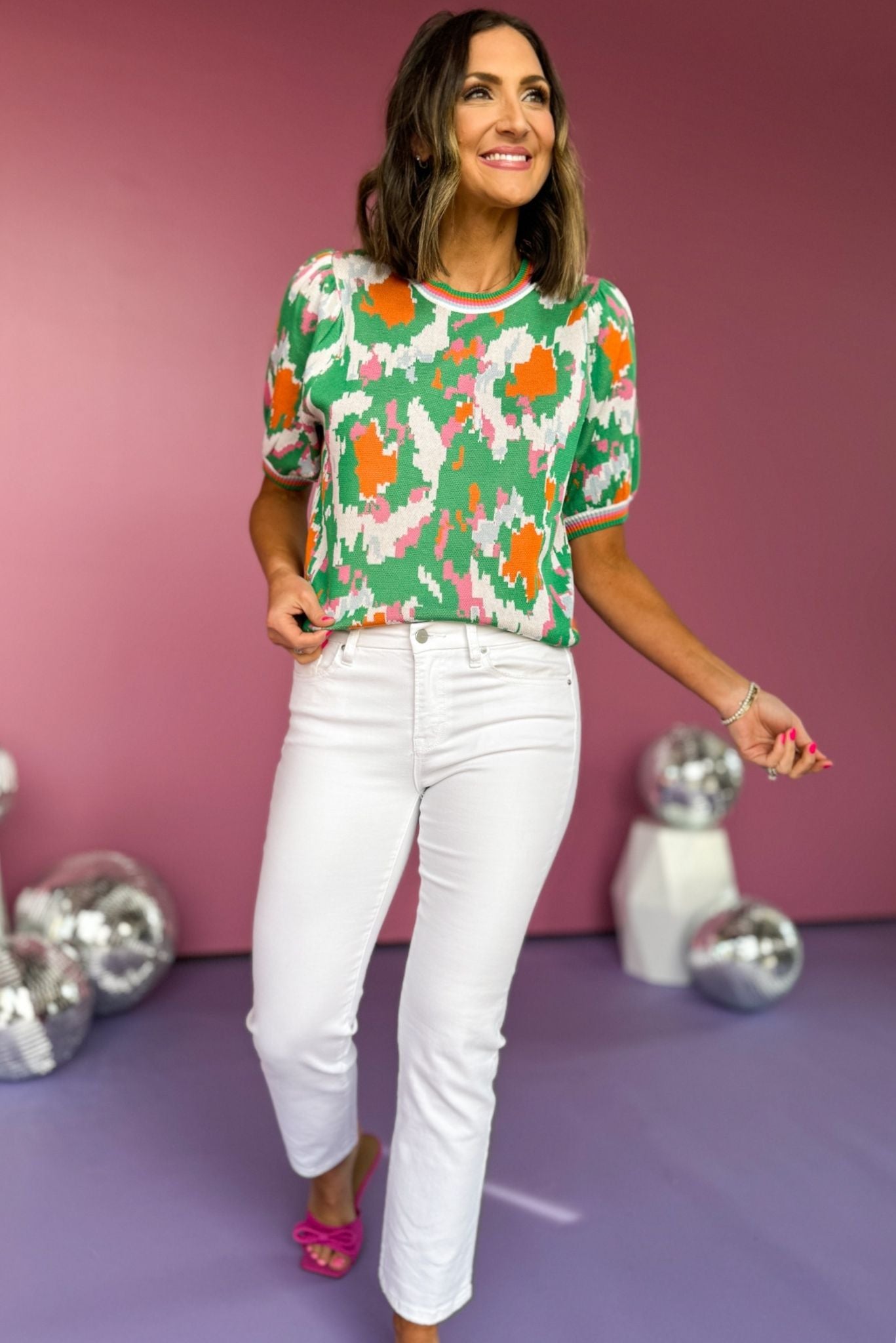Green Print Contrast Stripe U Neck Short Bubble Sleeve Top, printed top, must have top, must have style, office style, spring fashion, elevated style, elevated top, mom style, work top, shop style your senses by mallory fitzsimmons, ssys by mallory fitzsimmons
