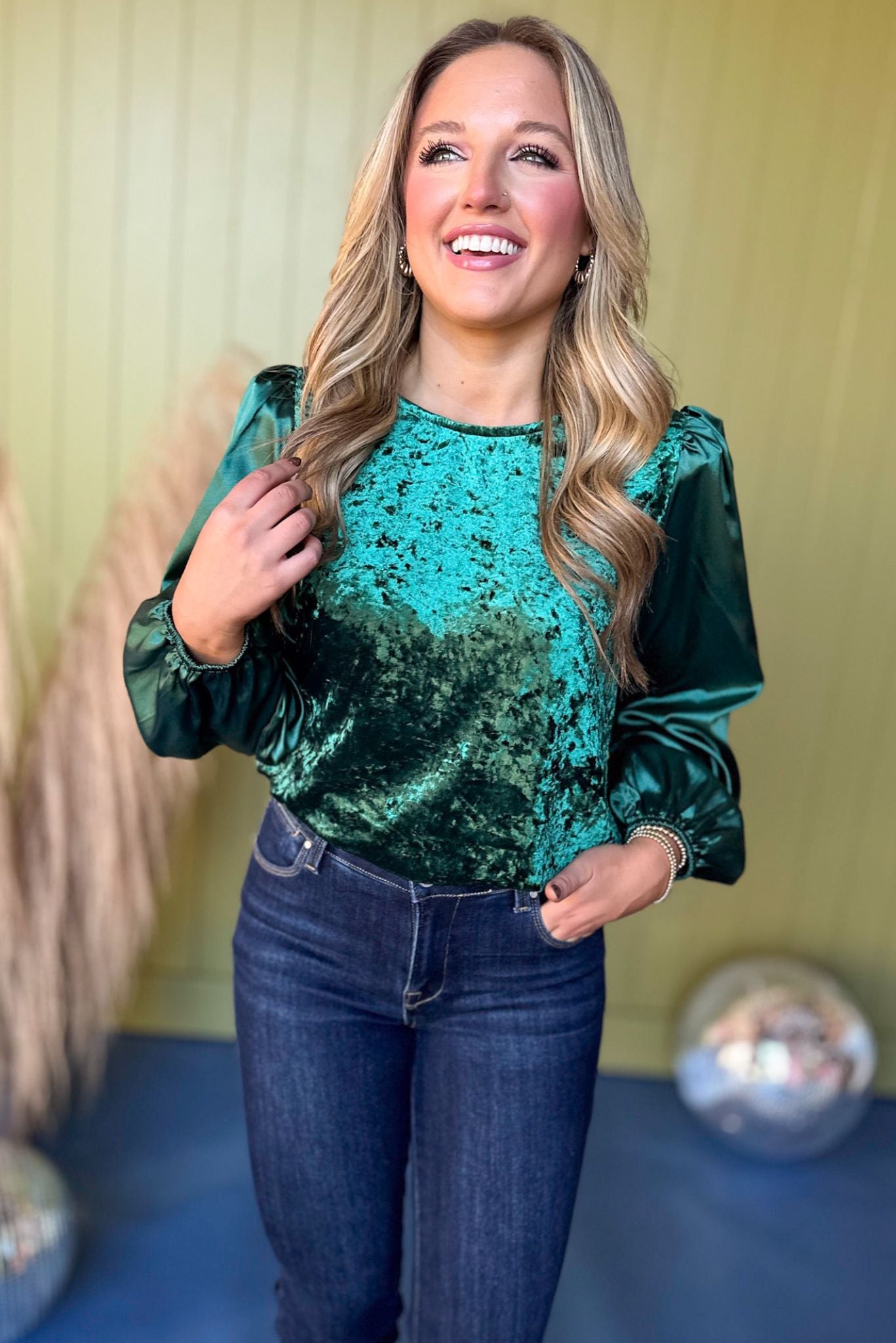 Emerald Green Mixed Material Peasant Long Sleeve Top *FINAL SALE* *Final Sale*, must have top, must have style, must have velvet, fall collection, fall fashion, elevated style, elevated top, mom style, fall style, shop style your senses by mallory fitzsimmons