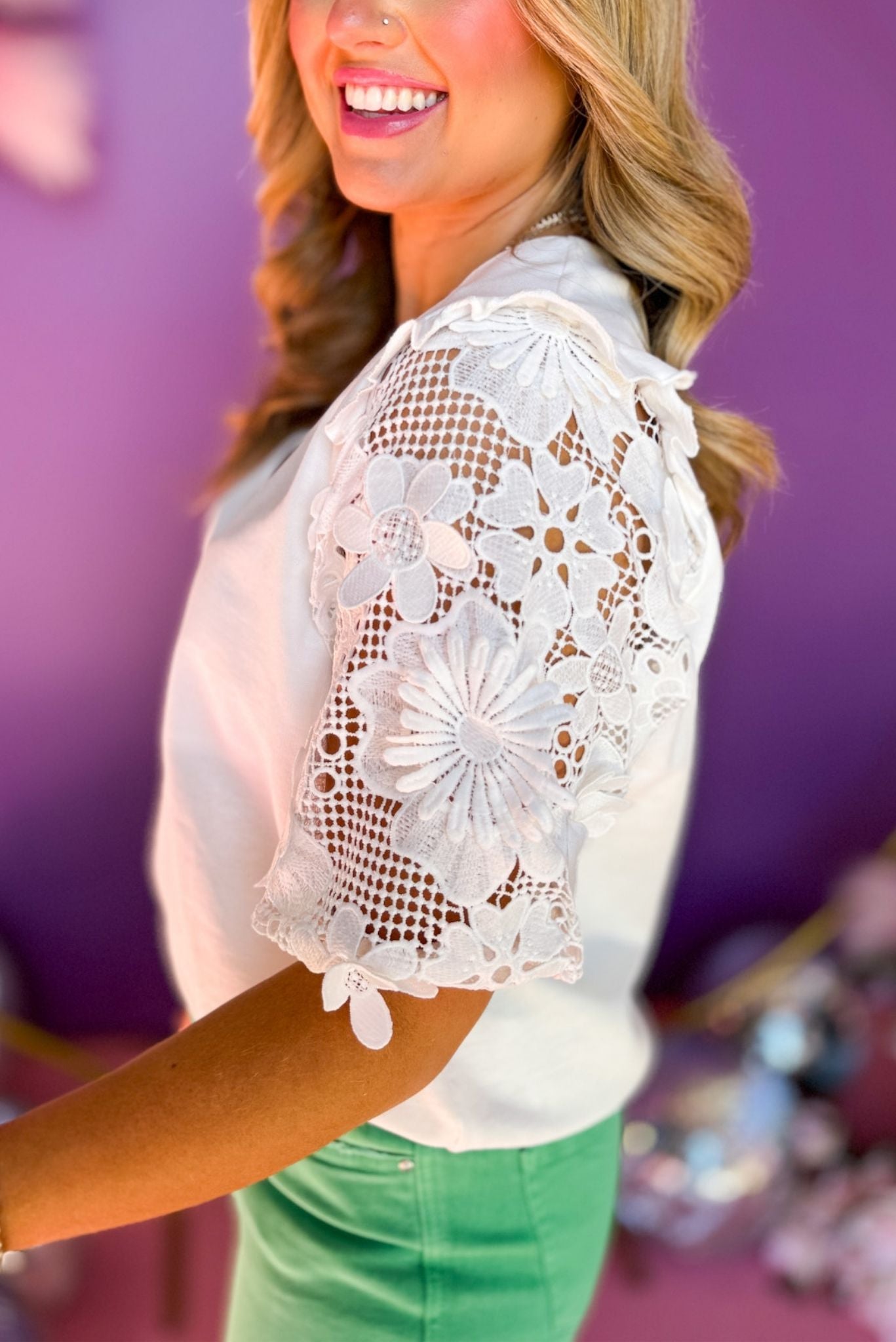 Off White V Neck Floral Crochet Lace Sleeve Top, lace top, must have top, elevated top, spring top, spring fashion, elevated spring, church top, office top, mom style, shop style your senses by mallory fitzsimmons