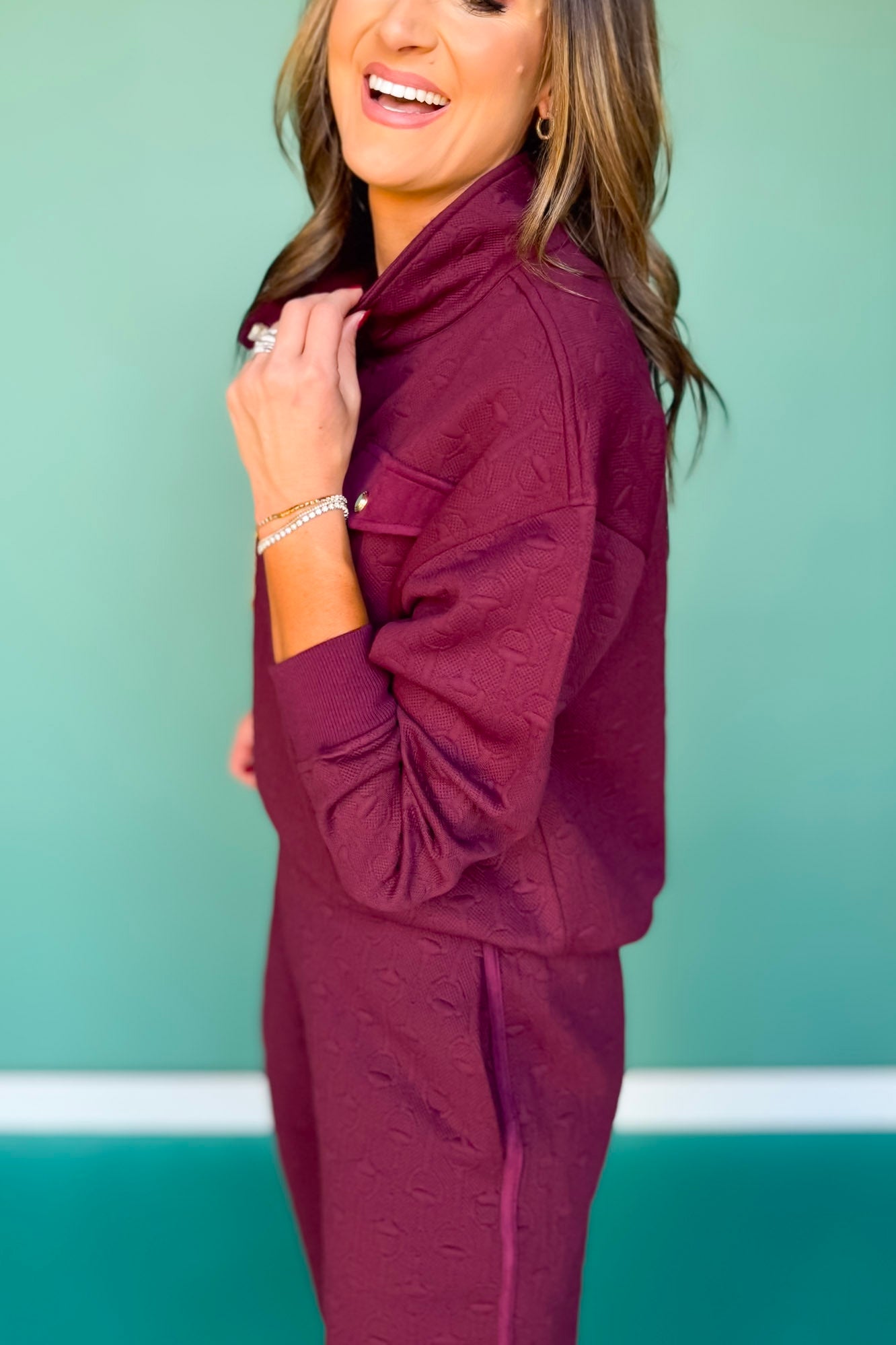 SSYS Delaney Horsebit Quilted Suede Trim Pullover In Maroon