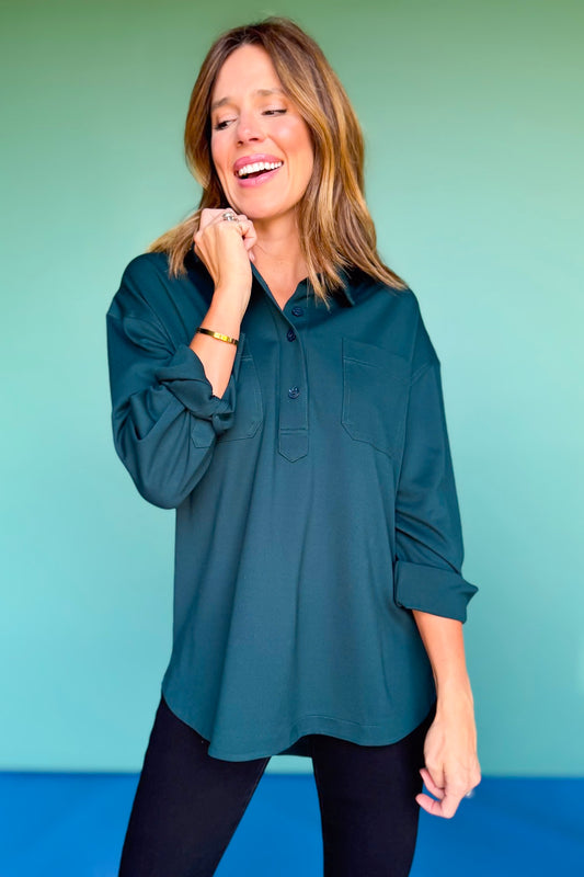 SSYS Emilia Collared Front Pocket Top In Hunter