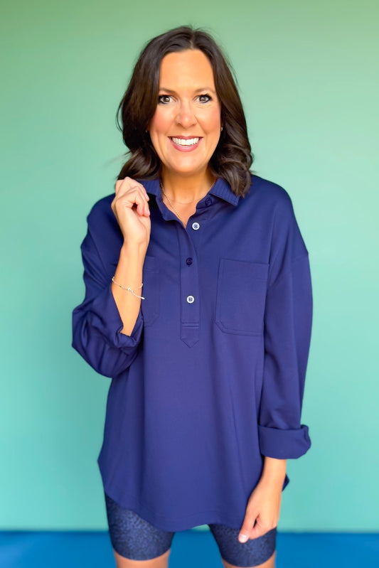 SSYS Emilia Collared Front Pocket Top In Navy