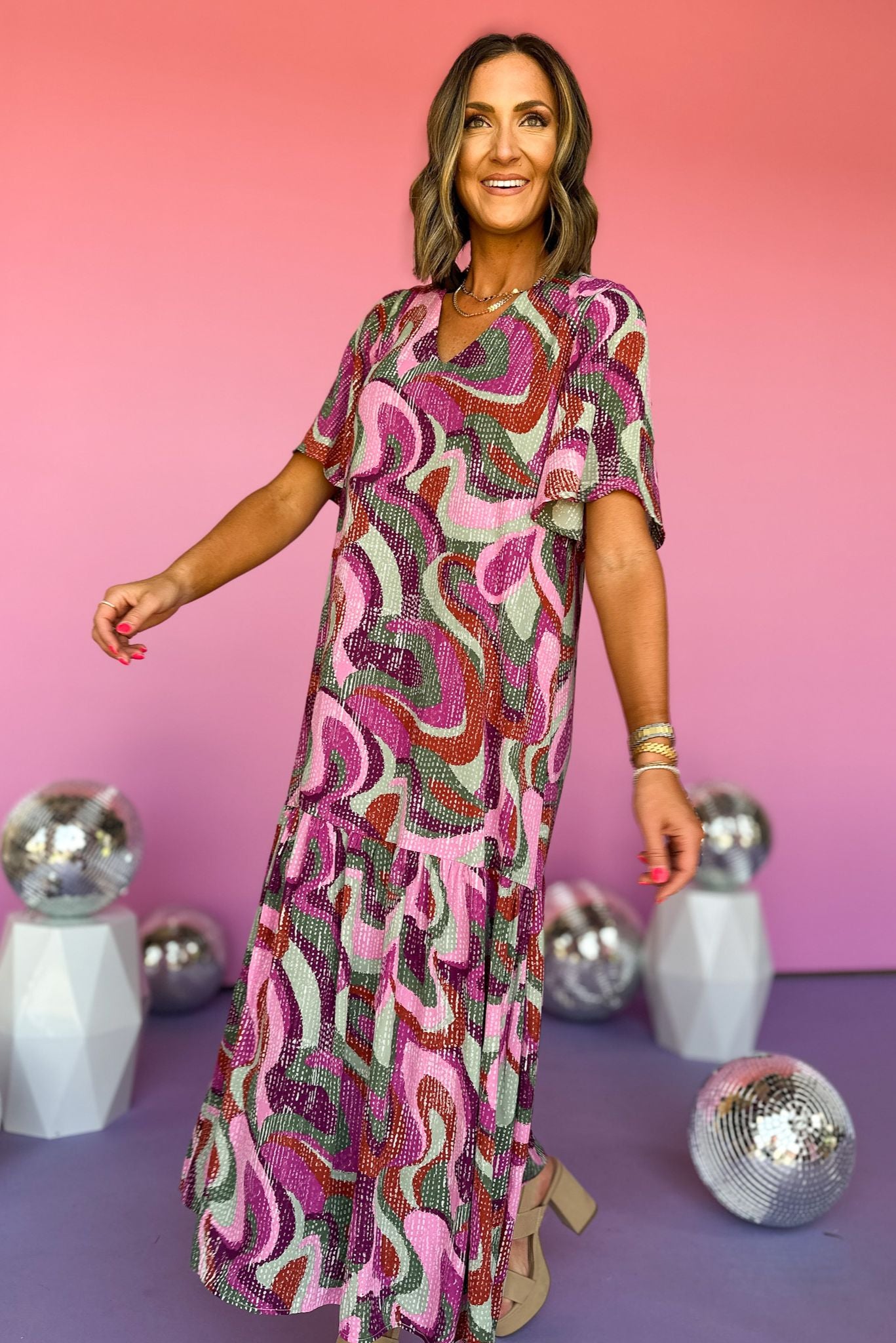 Purple Multi Abstract Printed Flutter Sleeve V Neck Tiered Maxi Dress, maxi dress, summer dress, fall dress, summer to fall, transitional dress, elevated style, mom style, must have, shop style your senses by mallory fitzsimmons