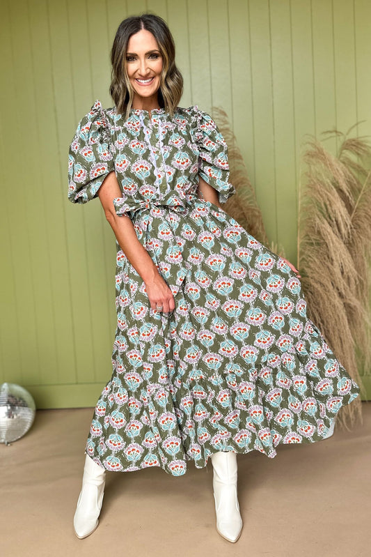 Karlie Olive Floral Printed Ruffle Sleeve Tiered Tie Waist Maxi Dress