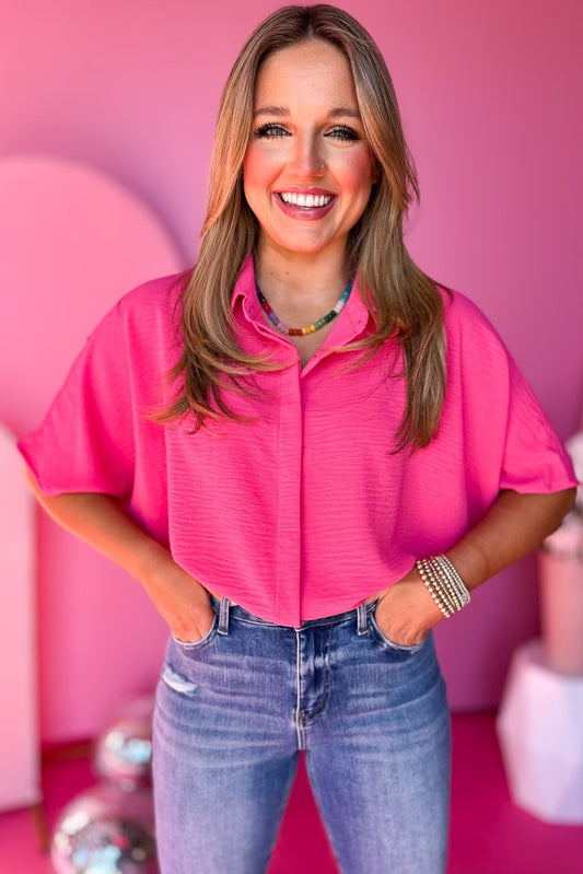 Fuchsia Woven Short Sleeve Button Down High Low Top, must have top, short sleeve top, transitional top, elevated top, saturday steal, must have steal, mom style, shop style your senses by mallory fitzsimmons