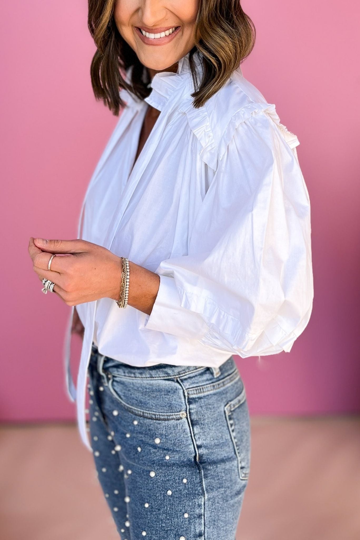 Karlie Ivory Poplin Tie Neck Ruffle Sleeve Top, karlie top, must have top, must have style, concert style, spring fashion, elevated style, elevated top, mom style, shop style your senses by mallory fitzsimmons, ssys by mallory fitzsimmons