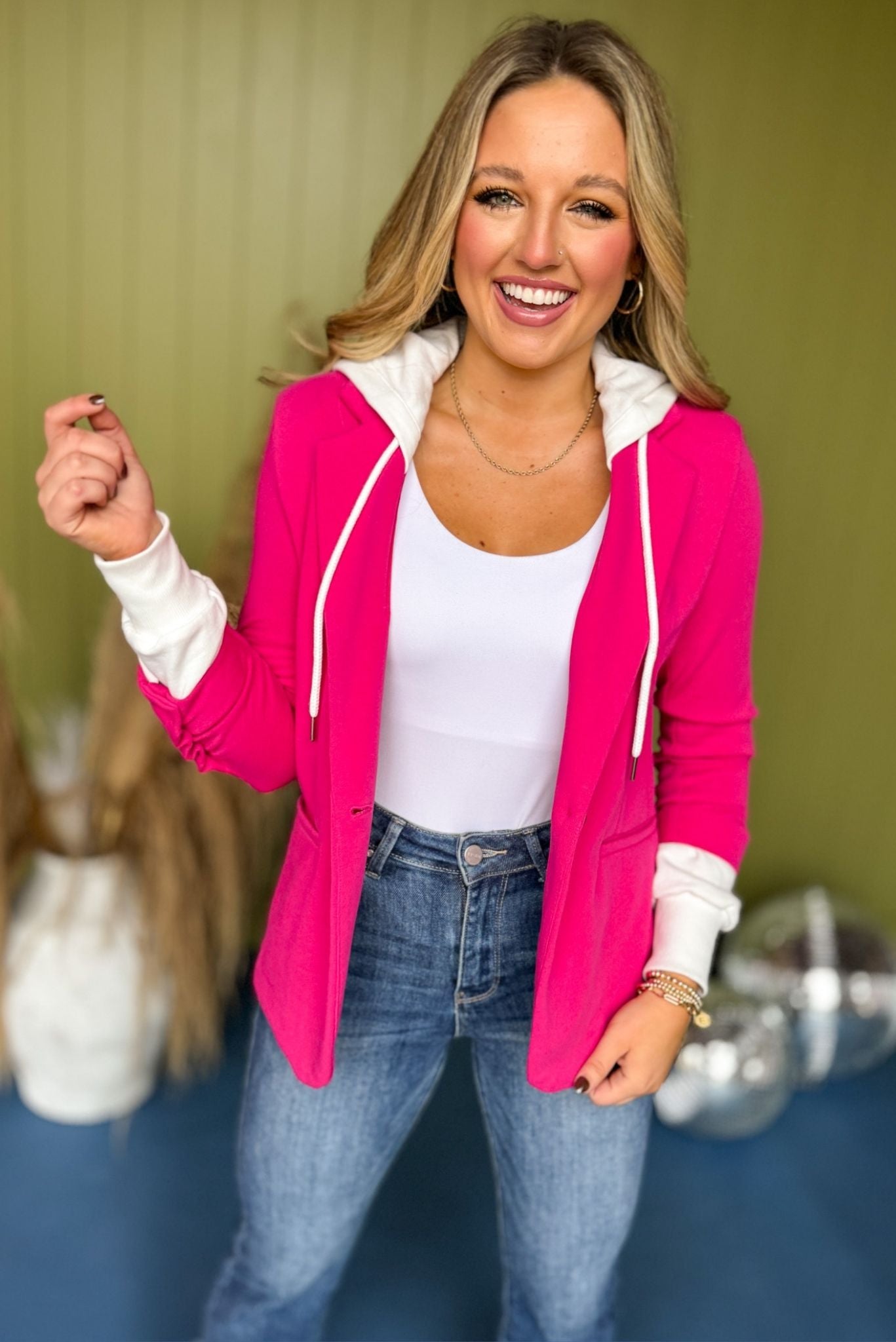 Risen Fuchsia Terry Hooded Blazer, must have top, must have style, fall style, fall fashion, elevated style, elevated top, mom style, fall collection, fall dress, shop style your senses by mallory fitzsimmons