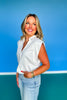 SSYS Audrey Shoulder Pad Cap Sleeve Poplin Button Down Top In White