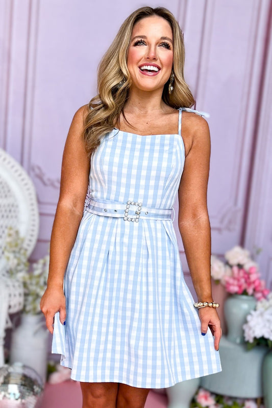  Blue Gingham Tie Shoulder Belted Pleated Dress, Gingham dress, spring dress, church dress, mini dress, spring style, church style, elevated style, mom style, shop style your senses by mallory fitzsimmons, ssys by mallory fitzsimmons