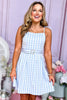  Blue Gingham Tie Shoulder Belted Pleated Dress, Gingham dress, spring dress, church dress, mini dress, spring style, church style, elevated style, mom style, shop style your senses by mallory fitzsimmons, ssys by mallory fitzsimmons