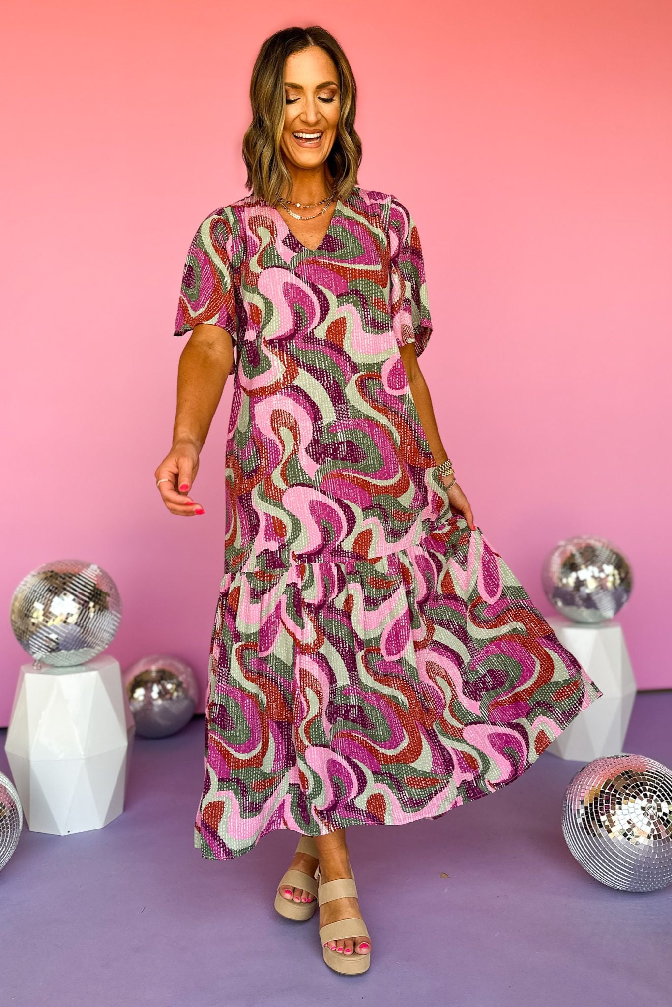 Purple Multi Abstract Printed Flutter Sleeve V Neck Tiered Maxi Dress, maxi dress, summer dress, fall dress, summer to fall, transitional dress, elevated style, mom style, must have, shop style your senses by mallory fitzsimmons