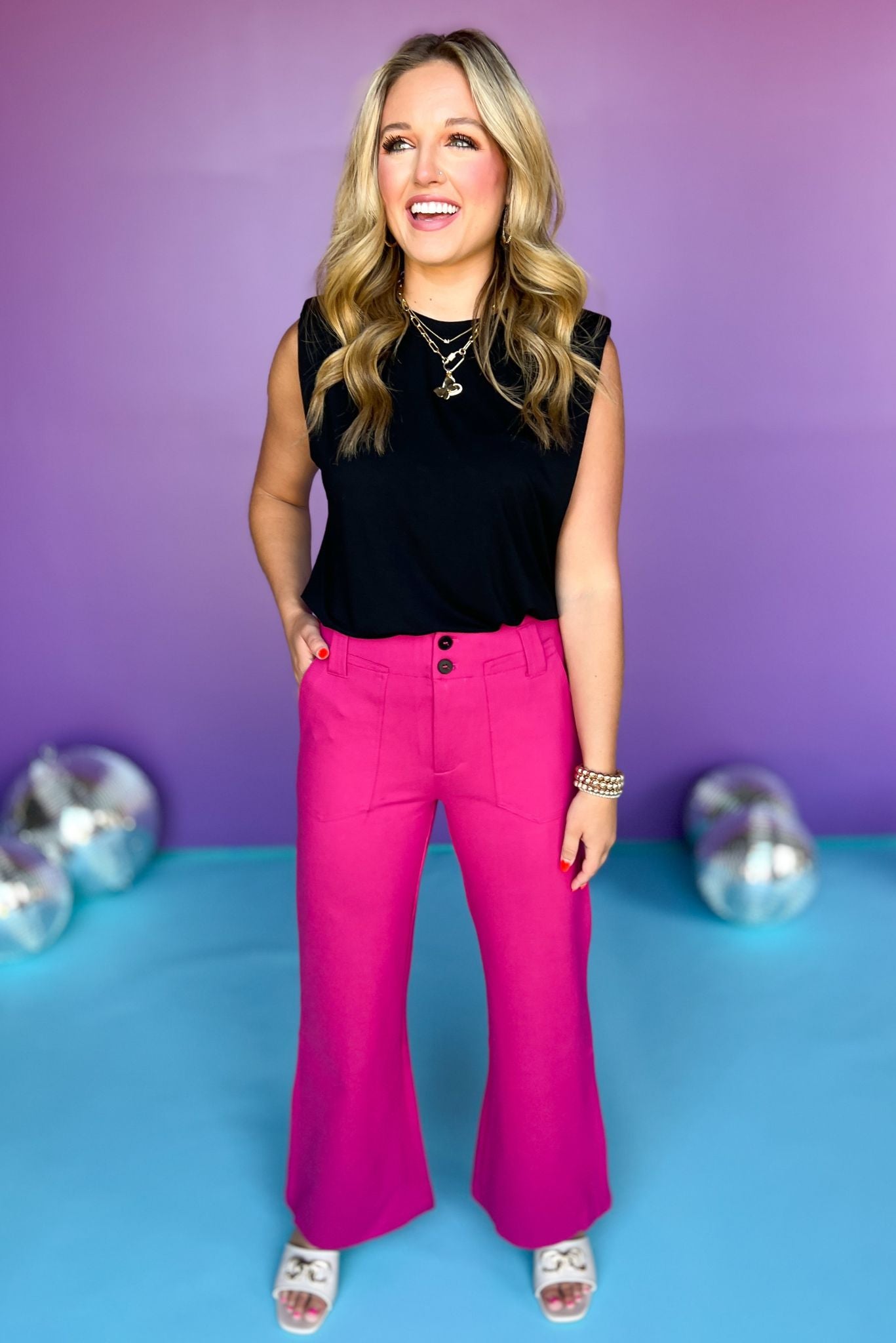 Fuchsia Two Front Placket Ponte Flare Pants, pants, two front placket pants, ponte pants, flare pants, fuchsia pants, fuchsia two front placket pants, fuchsia ponte pants, fuchsia flare pants, must have pants, elevated pants, elevated style, Shop Style Your Senses by Mallory Fitzsimmons, SSYS by Mallory Fitzsimmons