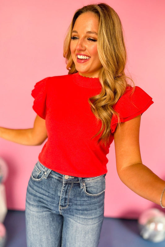 Tomato Red Scalloped Mock Neck Short Ruffle Sleeve Top, must have top, must have style, must have fall, fall collection, fall fashion, elevated style, elevated top, mom style, fall style, shop style your senses by mallory fitzsimmons