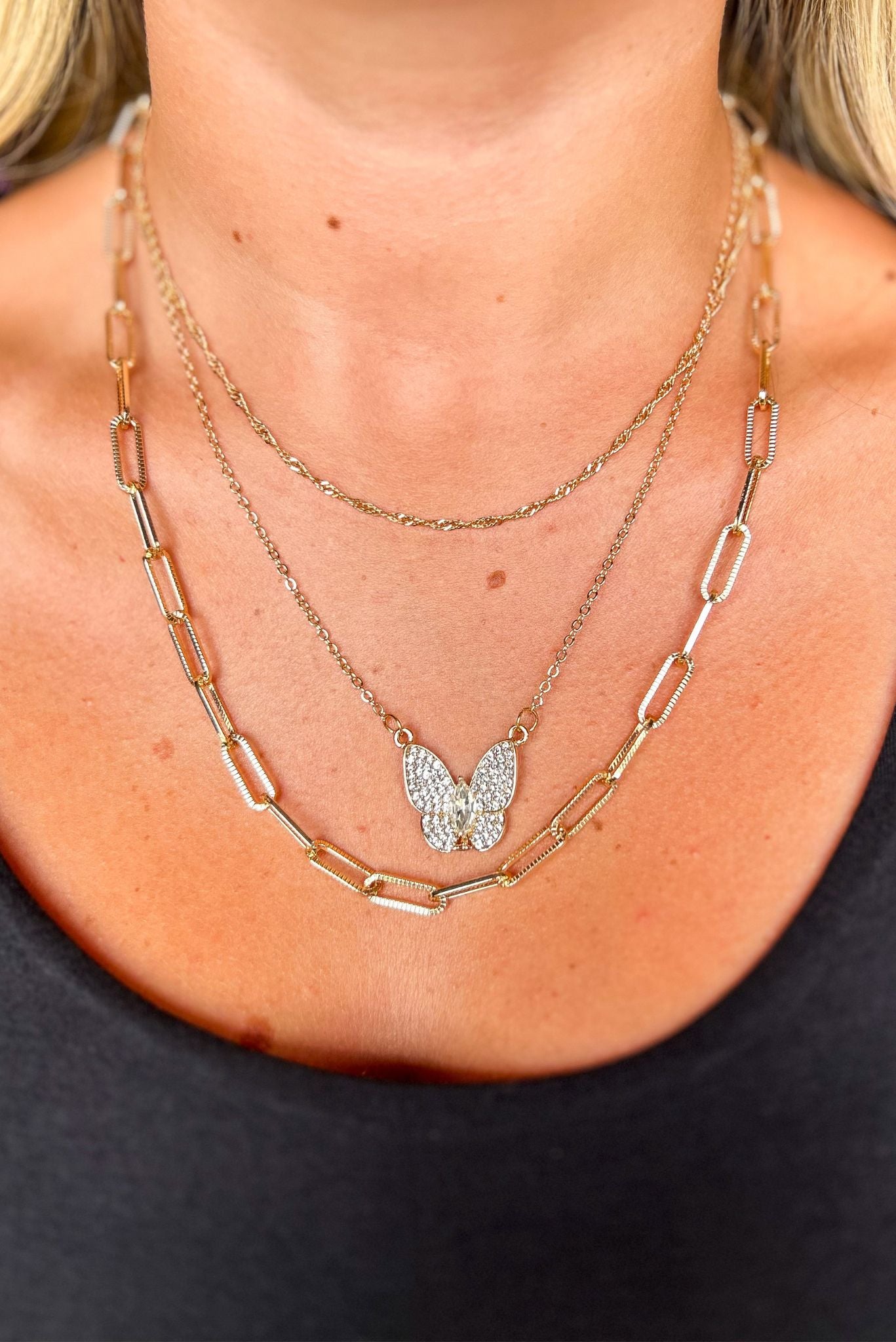  Gold Triple Layered Butterfly Charm Necklace, accessory, necklace, charm necklace, shop style your senses by mallory fitzsimmons