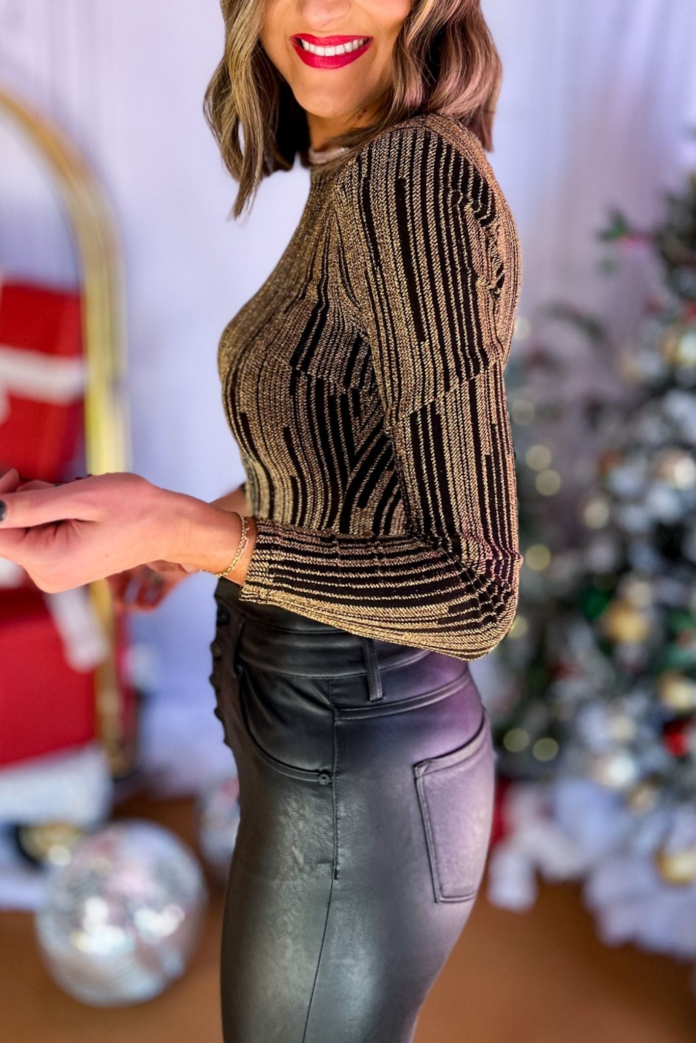 Black Metallic Printed Long Sleeve Bodysuit, must have bodysuit, must have style, elevated bodysuit, elevated style, holiday style, holiday fashion, elevated holiday, holiday collection, affordable fashion, mom style, shop style your senses by mallory fitzsimmons