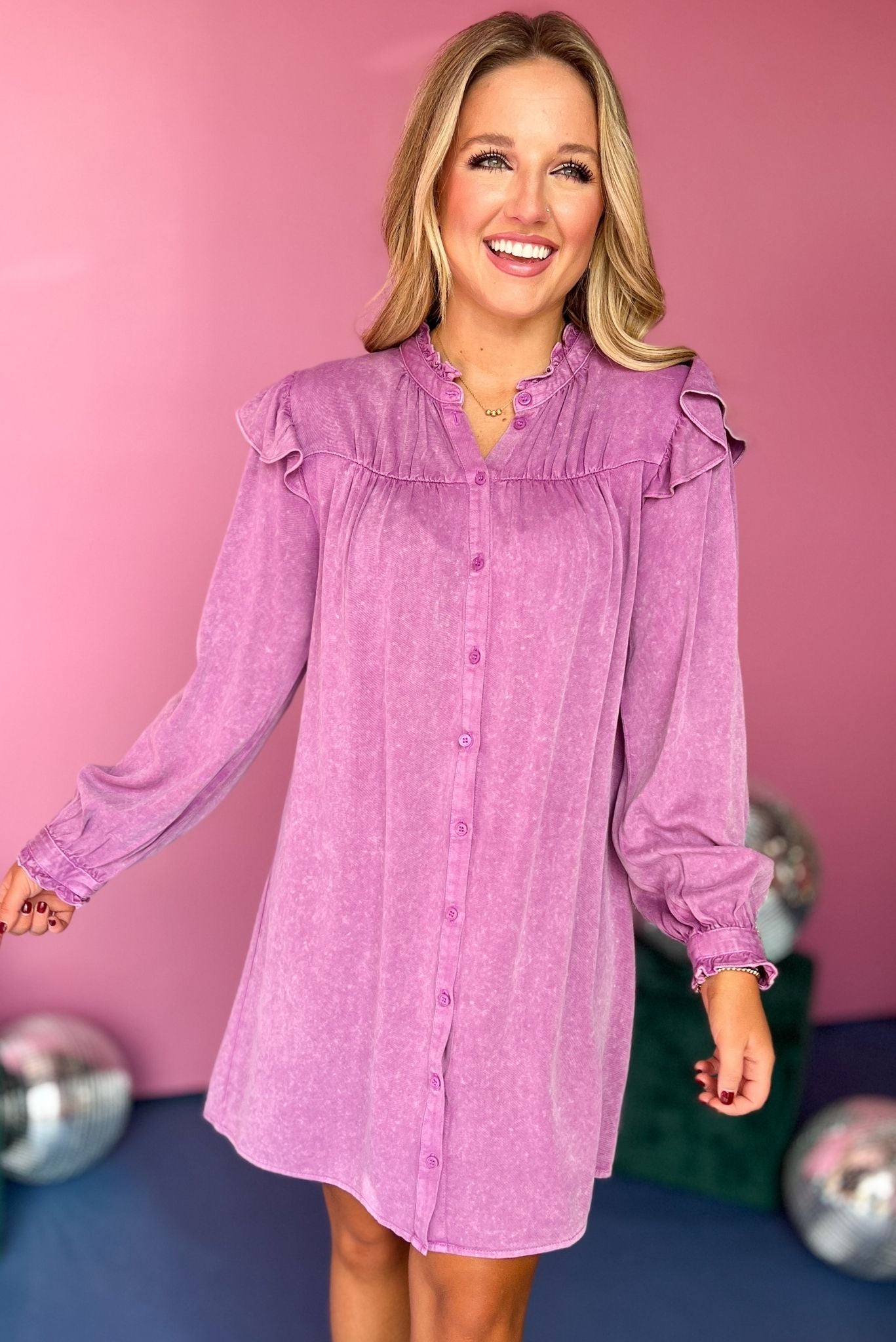 Purple Washed Button Front Frilled Neck Ruffle Long Sleeve Dress, must have dress, must have style, fall style, fall fashion, elevated style, elevated dress, mom style, fall collection, fall dress, shop style your senses by mallory fitzsimmons