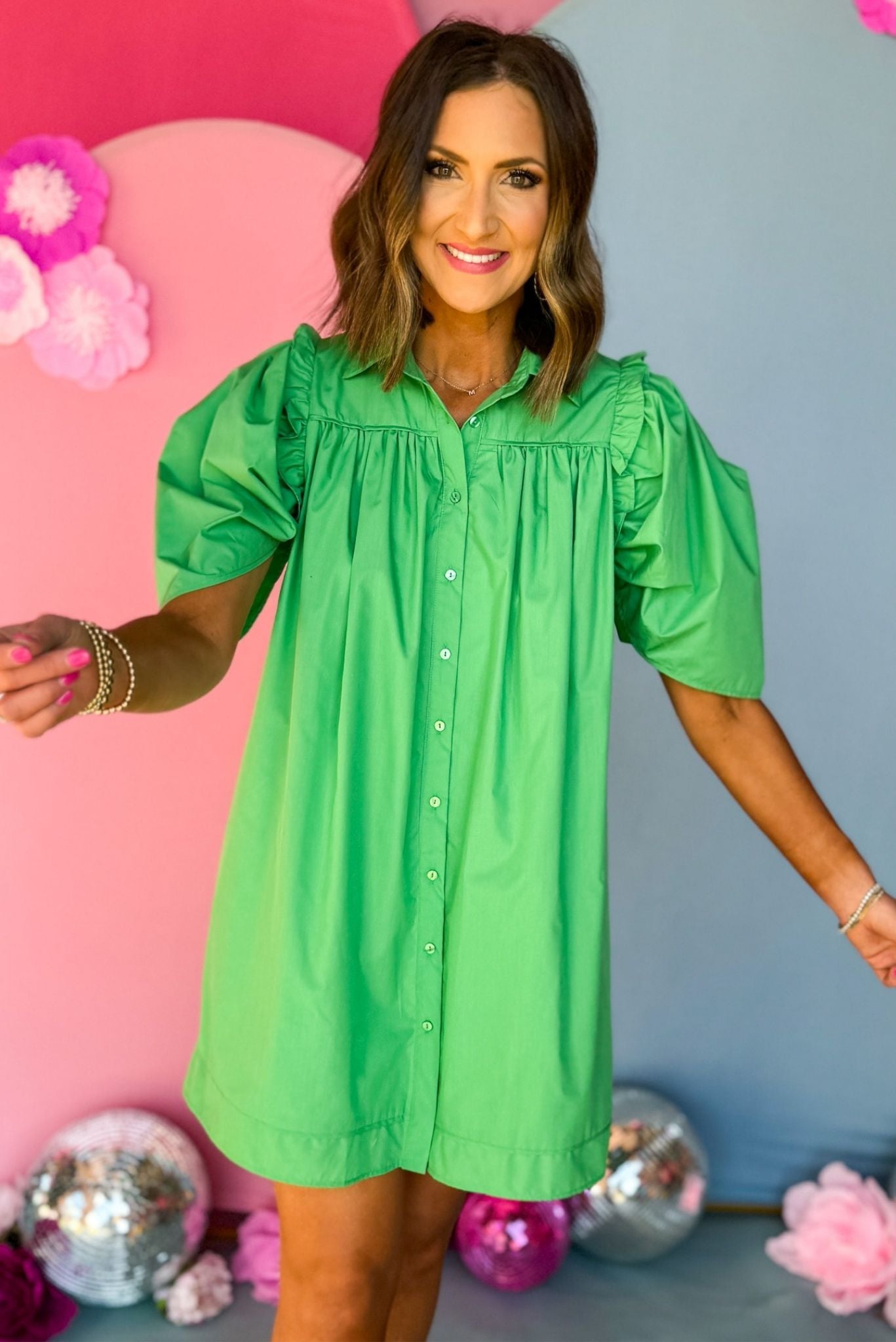 Green Poplin Collared Button Down Frill Puff Sleeve Dress, must have dress, must have style, church style, spring fashion, elevated style, elevated dress, mom style, work dress, shop style your senses by mallory fitzsimmons