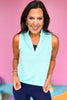 SSYS Aqua Sleeveless Frill V Neck Active Top, Spring athleisure, athleisure, elevated athleisure, must have tank top, athletic tank tops, athletic style, mom style, shop style your senses by mallory fitzsimmons, ssys by mallory fitzsimmons