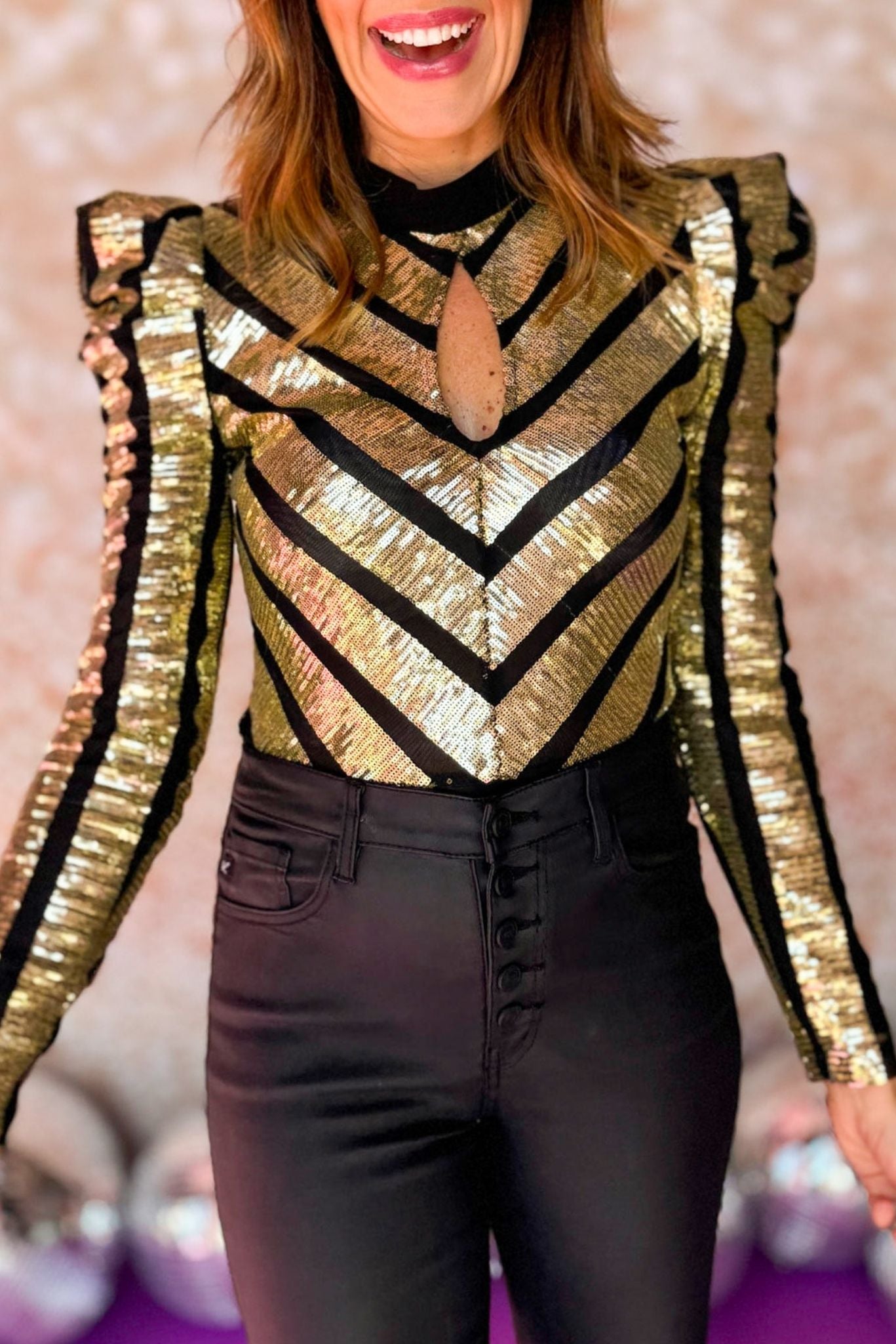 Black Gold Cut Out Long Sleeve Sequin Bodysuit, sequin, keyhole cutout, glam, nye outfit, night out look, shop style your senses by mallory fitzsimmons