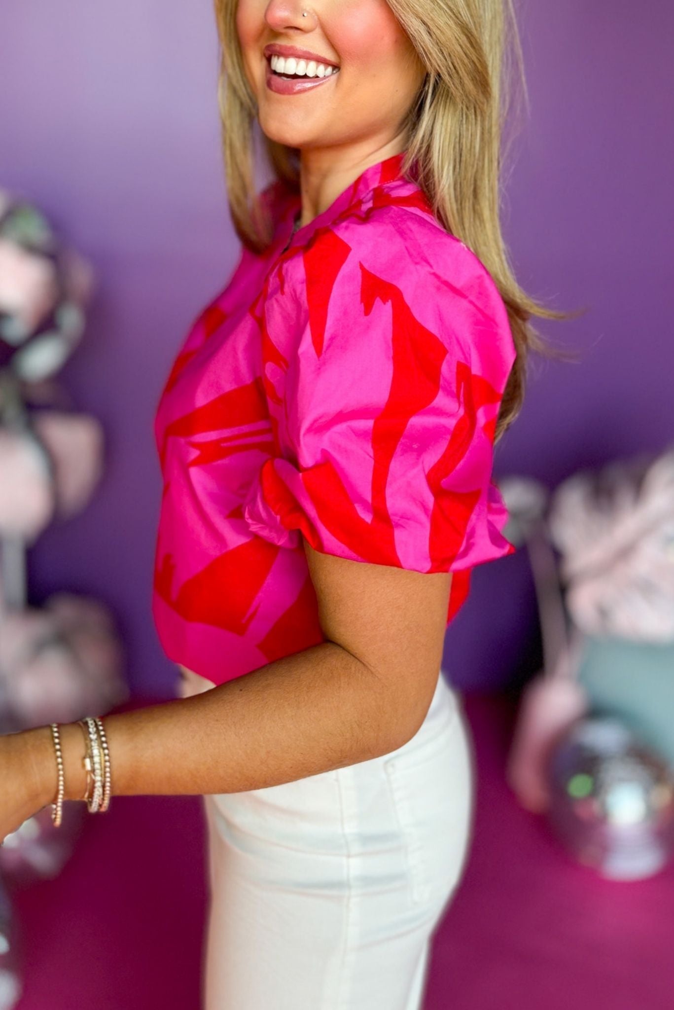 Fuchsia Floral Printed Split Neck Bubble Short Sleeve Top, printed top, must have top, must have style, office style, spring fashion, elevated style, elevated top, mom style, work top, shop style your senses by mallory fitzsimmons