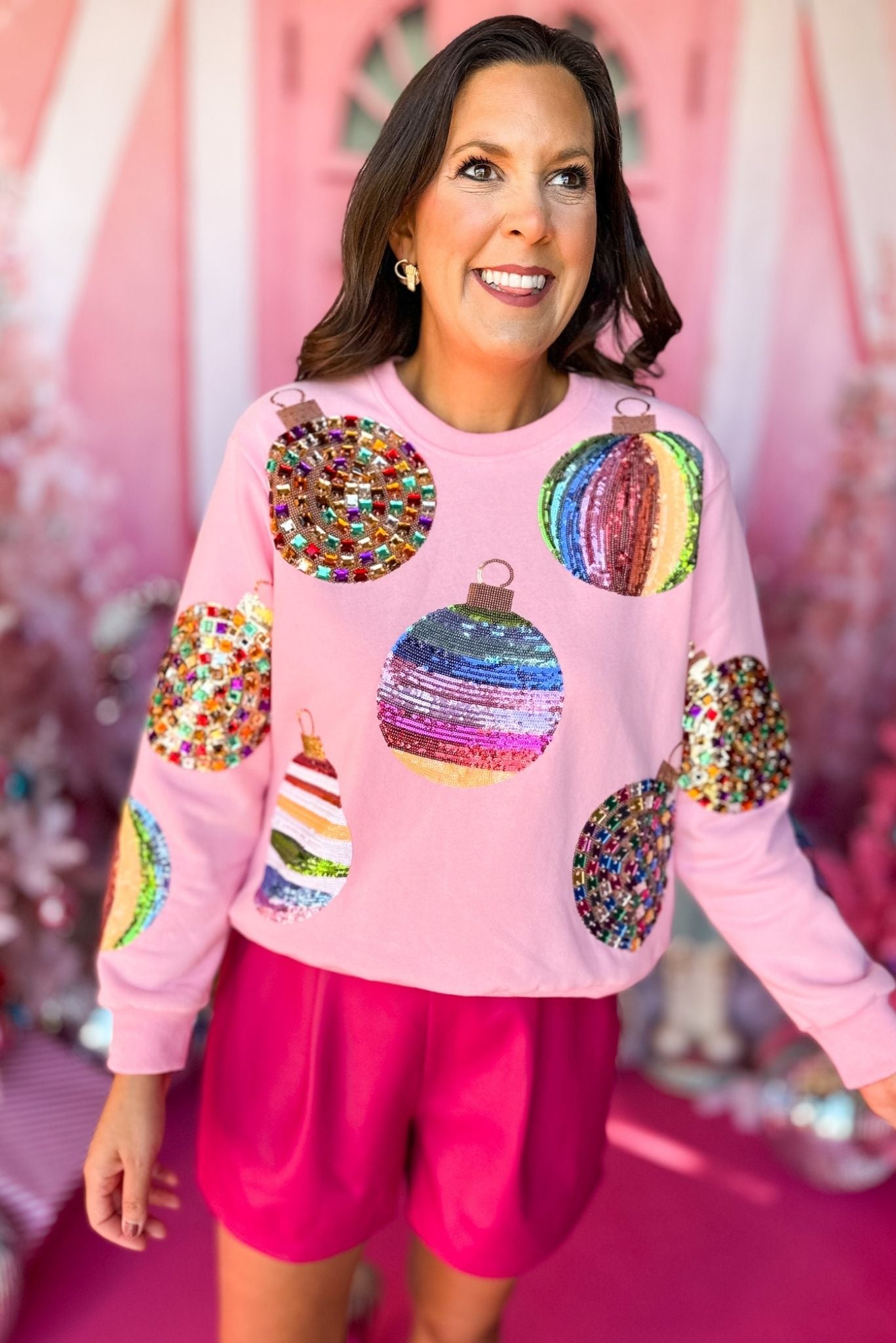Queen Of Sparkles Pink Sequin Ornament Sweatshirt, queen of sparkles, holiday sweatshirt, glam holiday, sparkly holiday, must have holiday, must have sweatshirt, must have sparkle, elevated sweatshirt, mom style, shop style your senses by mallory fitzsimmons