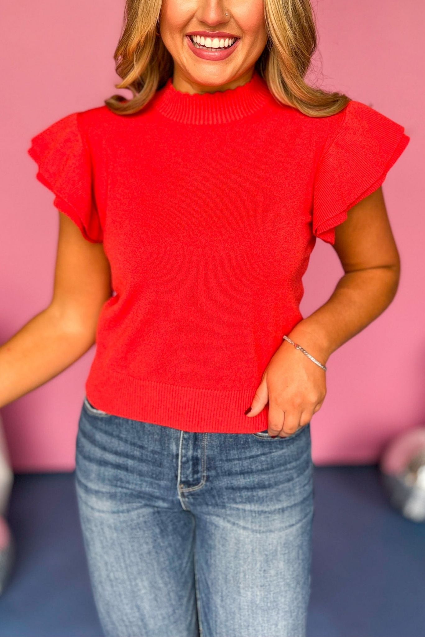 Tomato Red Scalloped Mock Neck Short Ruffle Sleeve Top, must have top, must have style, must have fall, fall collection, fall fashion, elevated style, elevated top, mom style, fall style, shop style your senses by mallory fitzsimmons