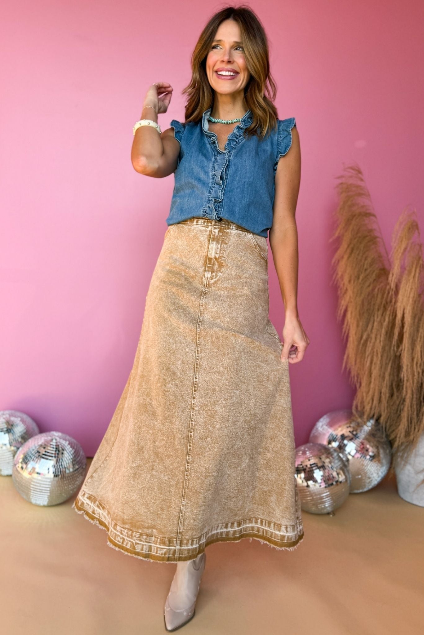 Blue Denim Double Ruffle Detail Sleeveless Top, Western top, western style, rodeo style, concert style, must have concert, must have style, elevated top, elevated style, spring style, mom style, shop style your senses by Mallory Fitzsimmons, says by Mallory Fitzsimmons