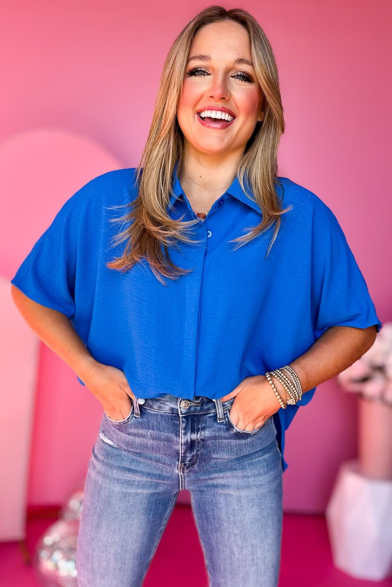 Blue Woven Short Sleeve Button Down High Low Top, must have top, saturday steal, elevated top, spring top, spring fashion, office top, mom style, shop style your senses by mallory fitzsimmons, ssys by mallory fitzsimmons