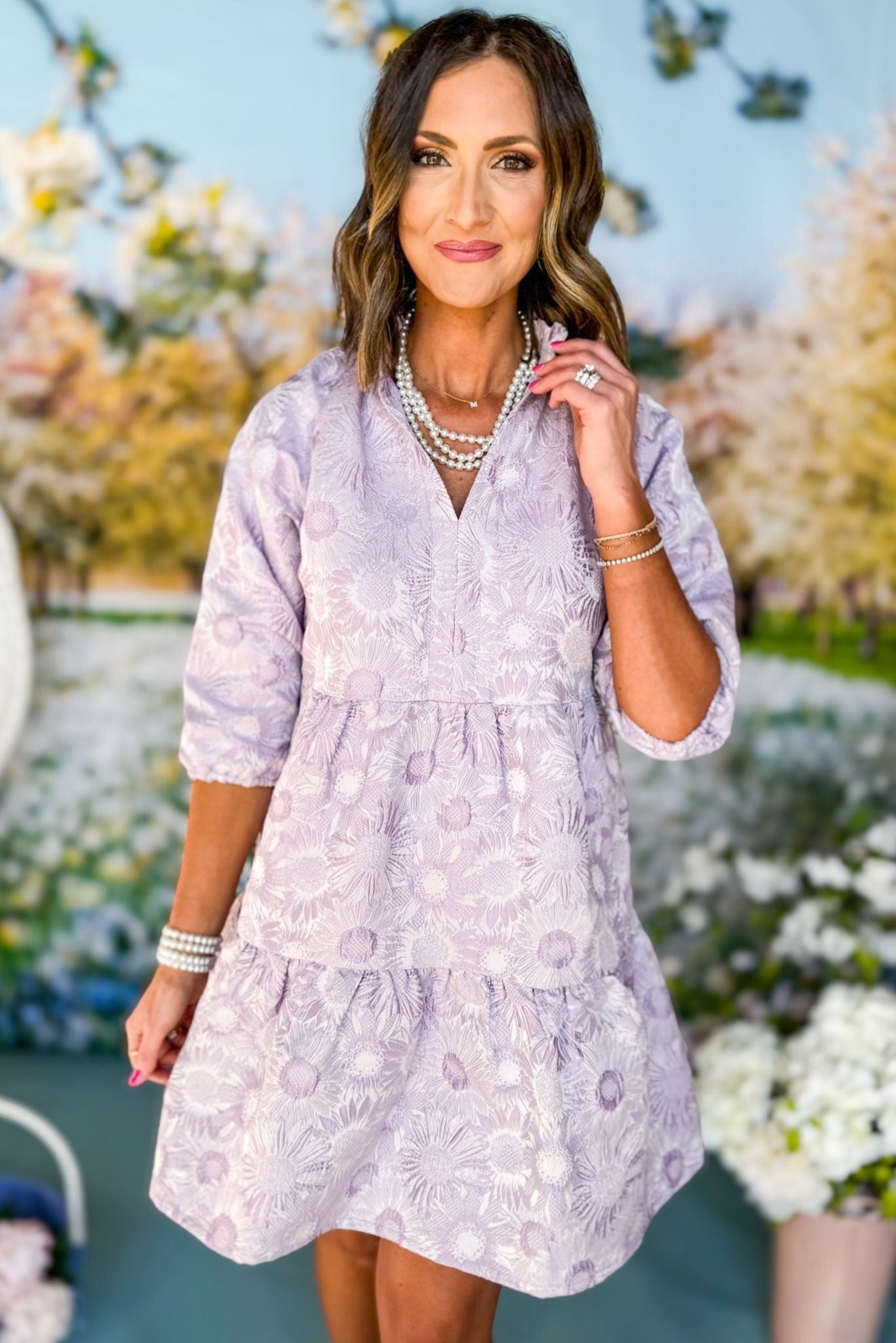 SSYS The Gloria 3/4 Sleeve Tiered Brocade Dress In Lavender, ssys the label, must have dress, brocade dress, easter dress, must have easter dress, spring fashion, mom style, brunch style, church style, shop style your senses by mallory fitzsimmons, ssys by mallory fitzsimmons