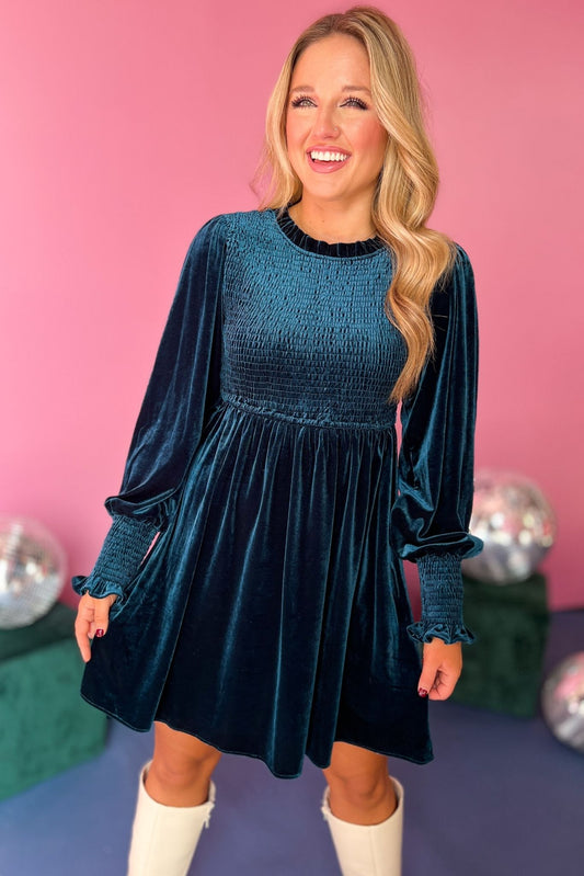 Teal Velvet Smocked Bodice Long Sleeve Dress, must have dress, must have style, fall style, fall fashion, elevated style, elevated dress, mom style, fall collection, fall dress, shop style your senses by mallory fitzsimmons